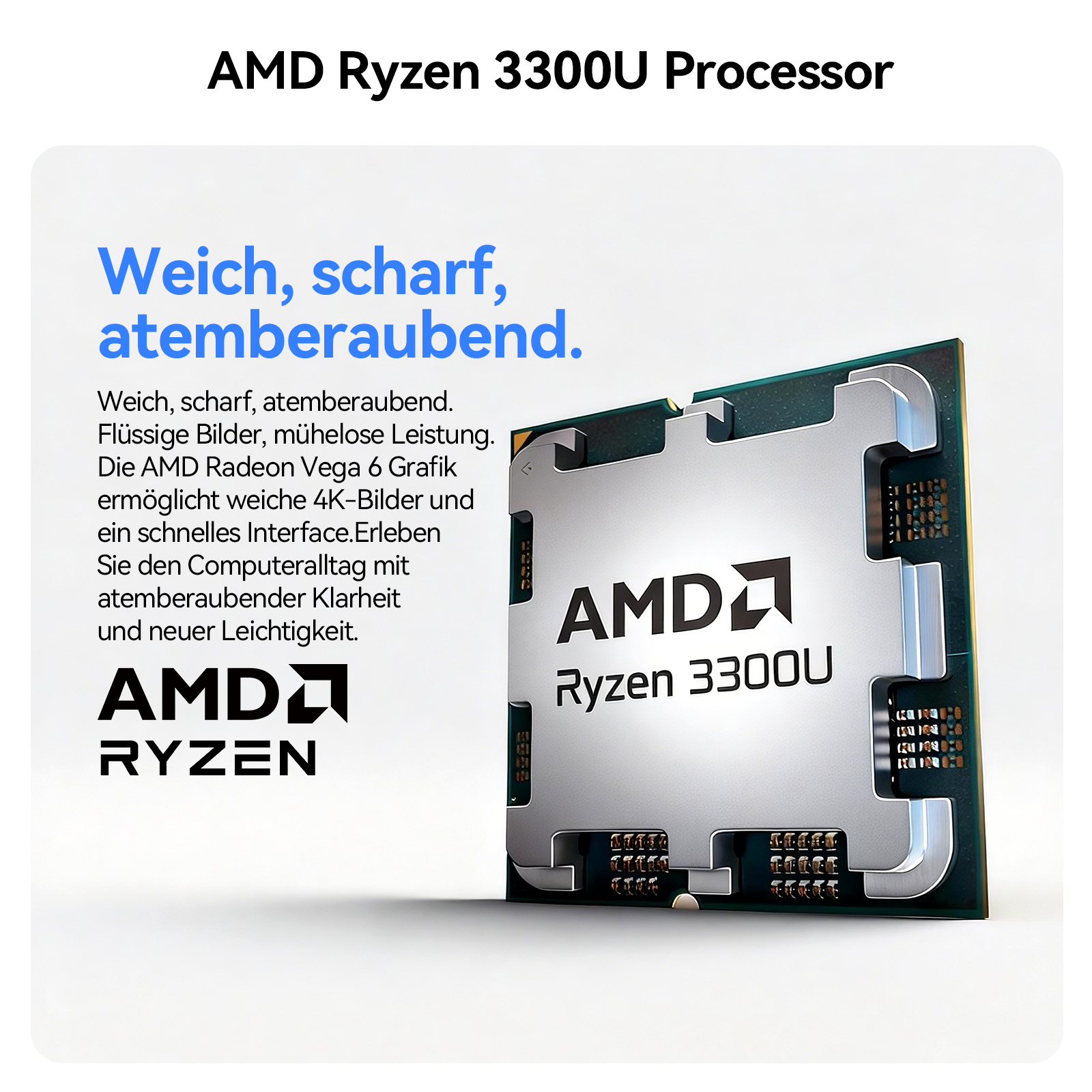 AMD Ryzen 3300U Prozessor mit AMD Logo und Text.