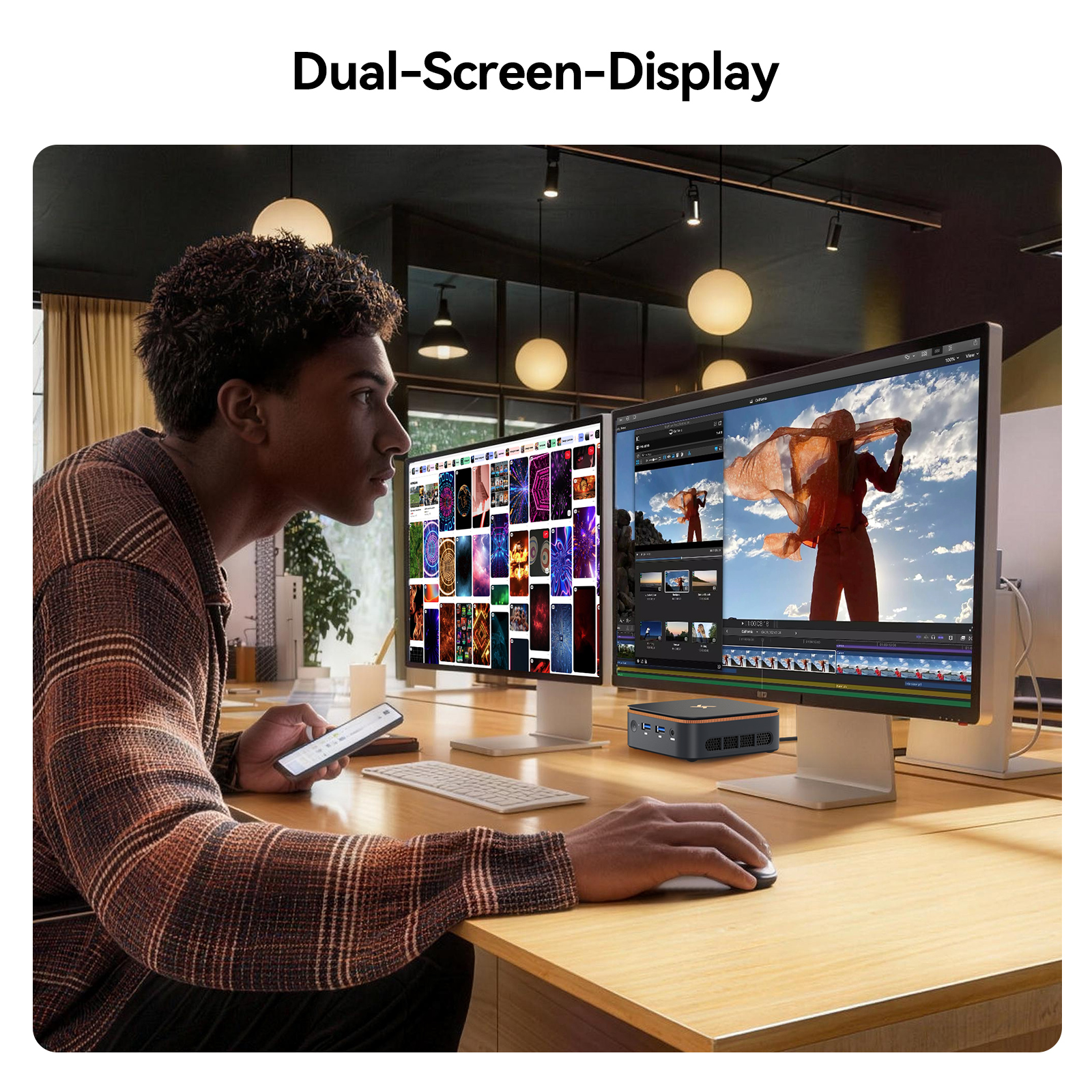 Mann arbeitet an zwei Monitoren, die einen Desktop-Computer und einen Mini-PC zeigen.