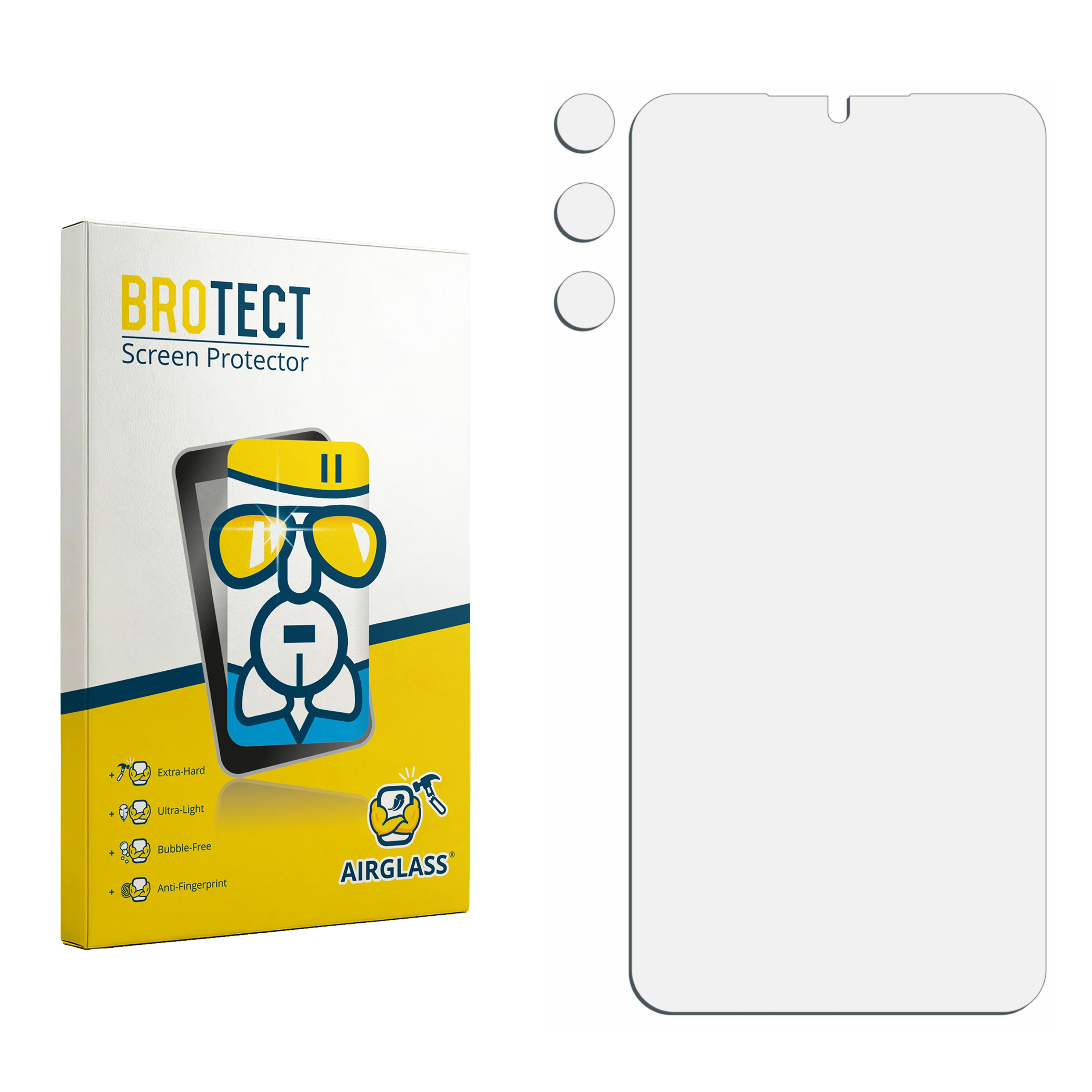 Verpackung für BROTECT Displayschutzfolie mit Handy-Motiv & Schutzfolie daneben.