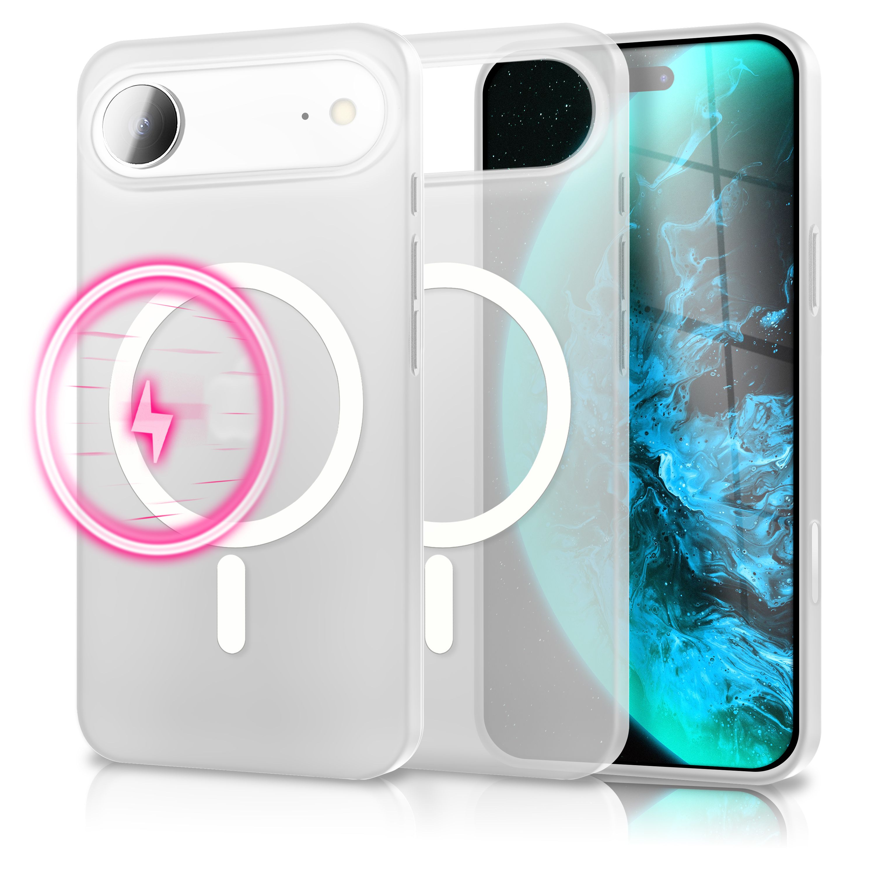 Ein weißes Handycase mit MagSafe-Symbol und ein Handy mit blauem Hintergrund.
