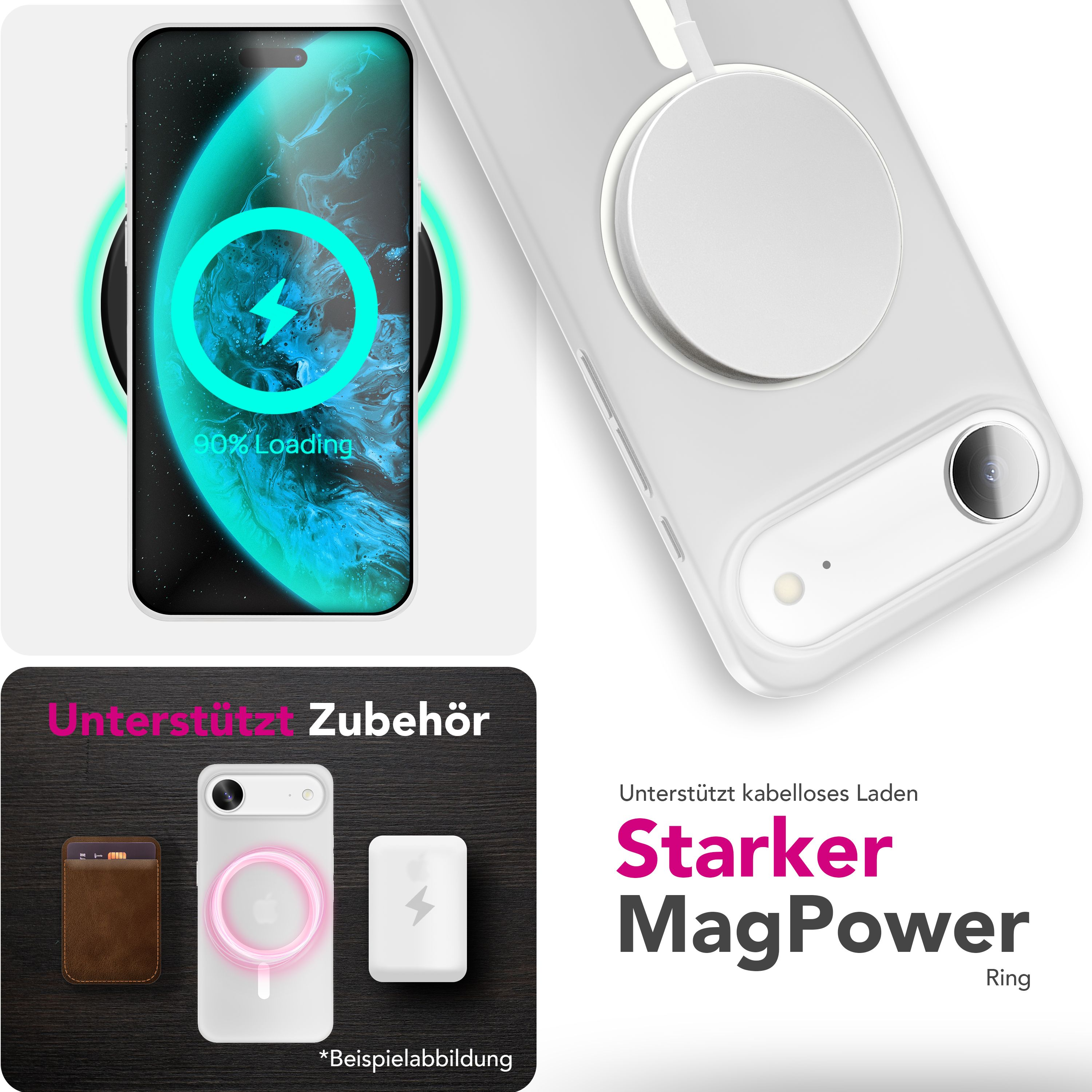 iPhone mit MagPower Zubehör: Ladezustand, Brieftasche, Ring