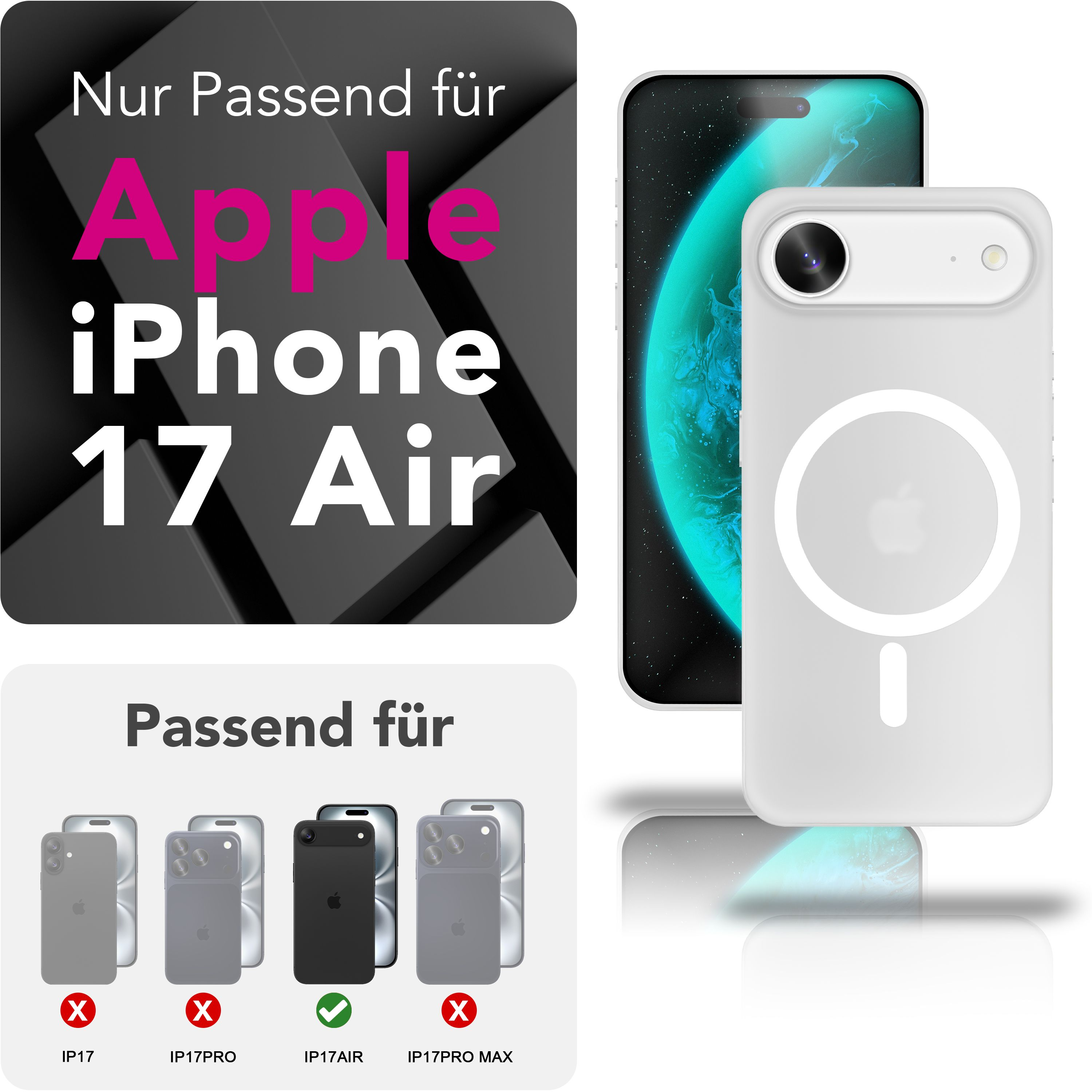 Weiße Hülle für iPhone 17 Air mit MagSafe-Ring, kompatibel mit vielen Modellen.