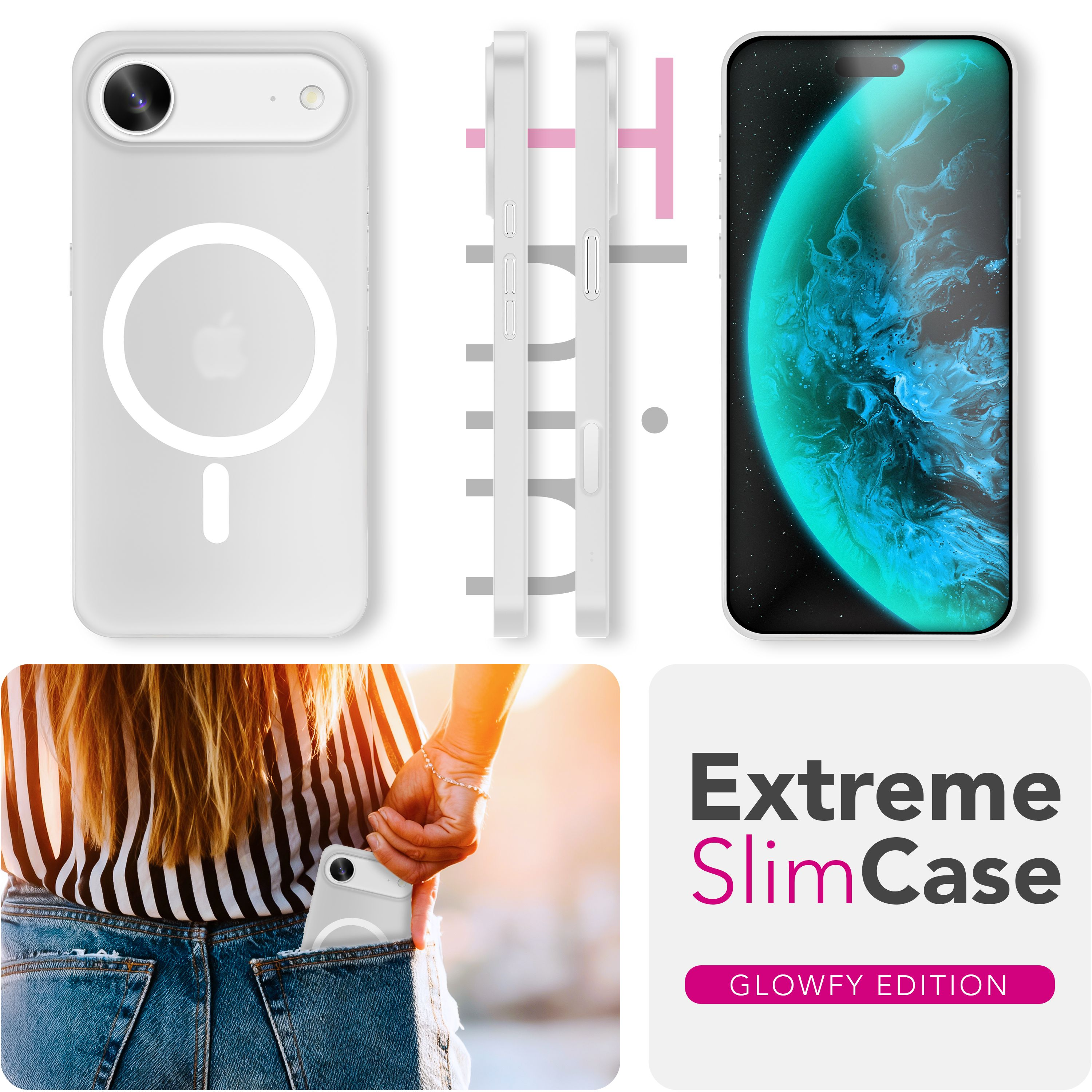 Weiße Handyhülle mit MagSafe, neben einem Smartphone mit Weltraum-Hintergrund.