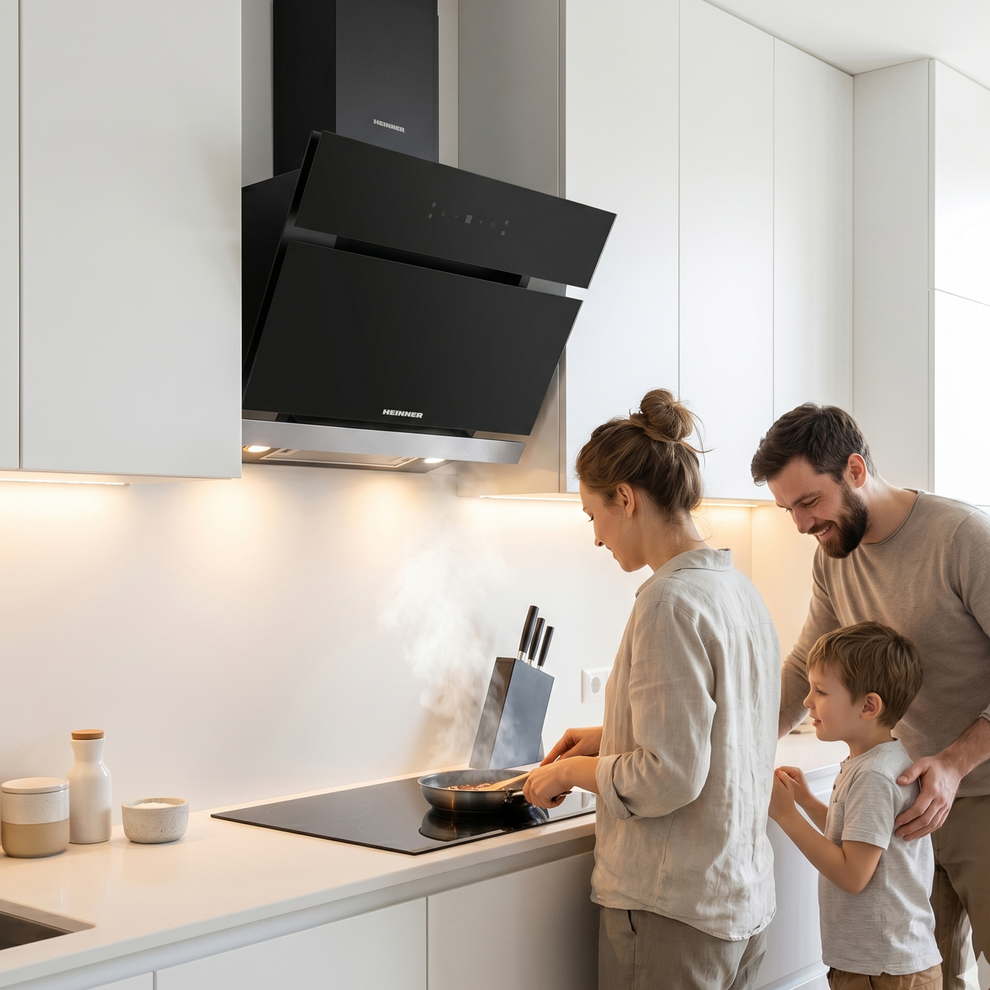Een gezin kookt in een moderne keuken. Stoom stijgt op.