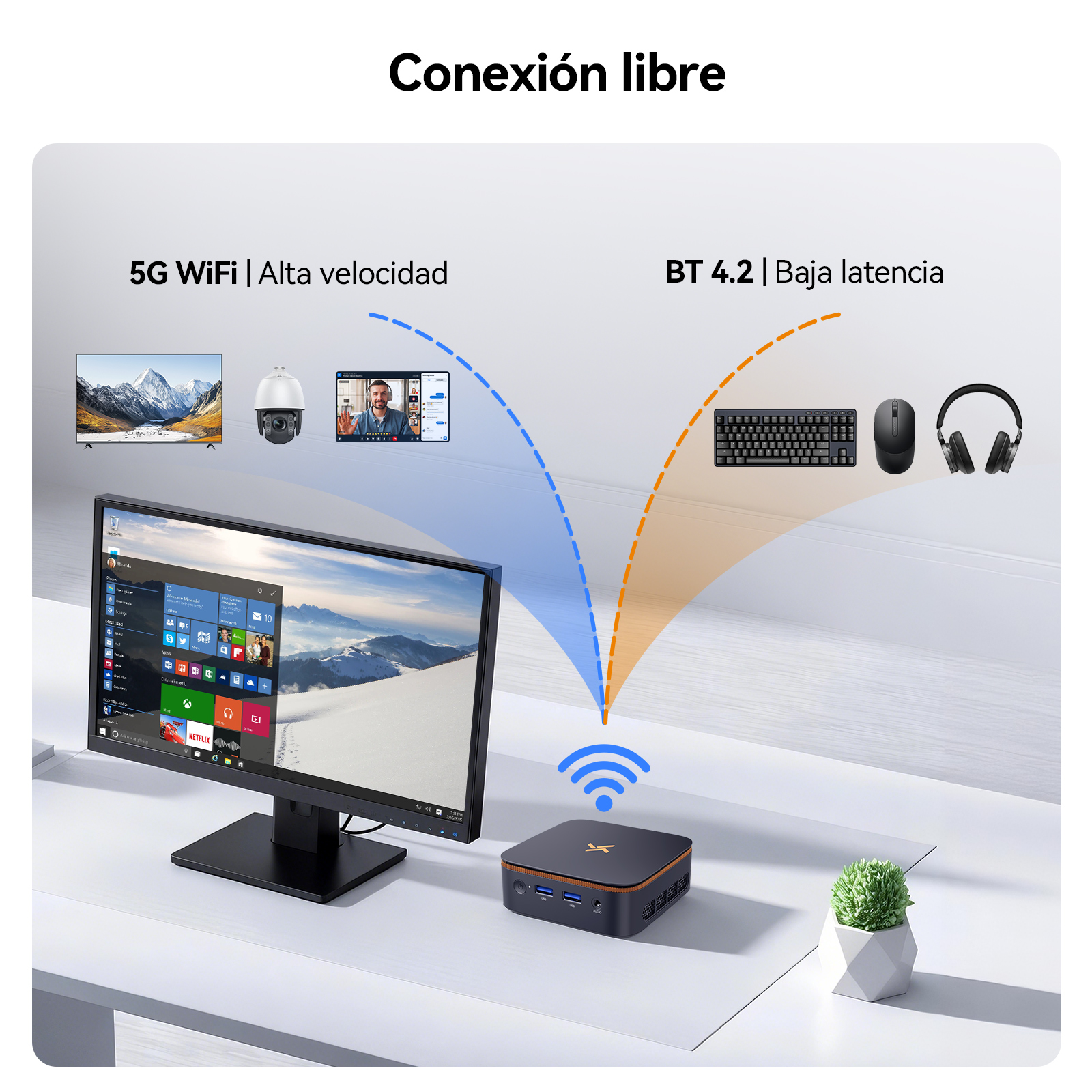 Un mini PC se conecta por WiFi a TV, cámara, tablet; por Bluetooth a teclado, ratón, auriculares.