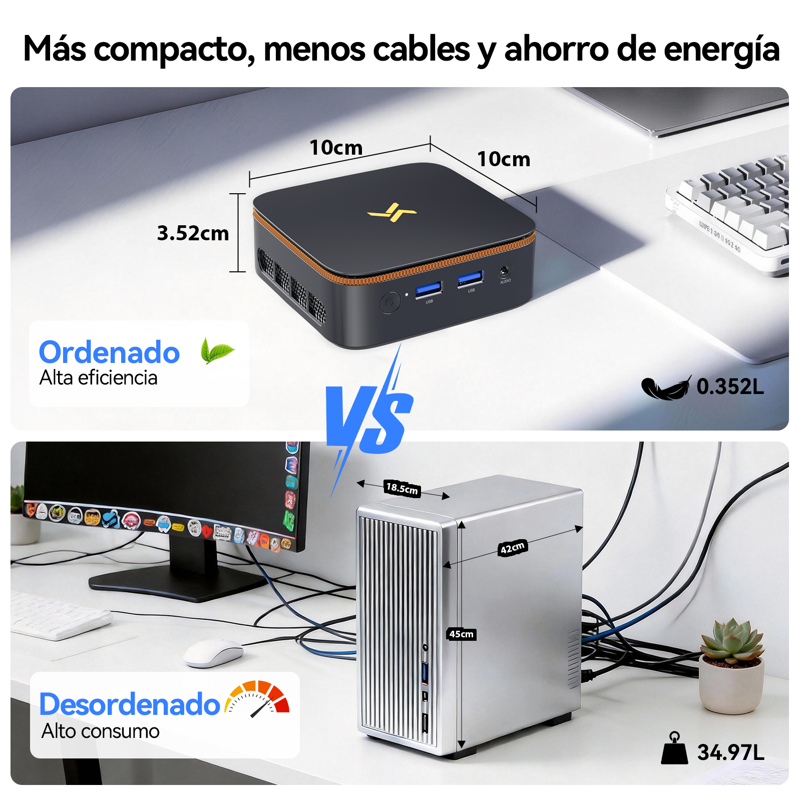 PC compacto (10x10x3.5cm) vs dispositivo grande (18.5x42x45cm) con monitor.