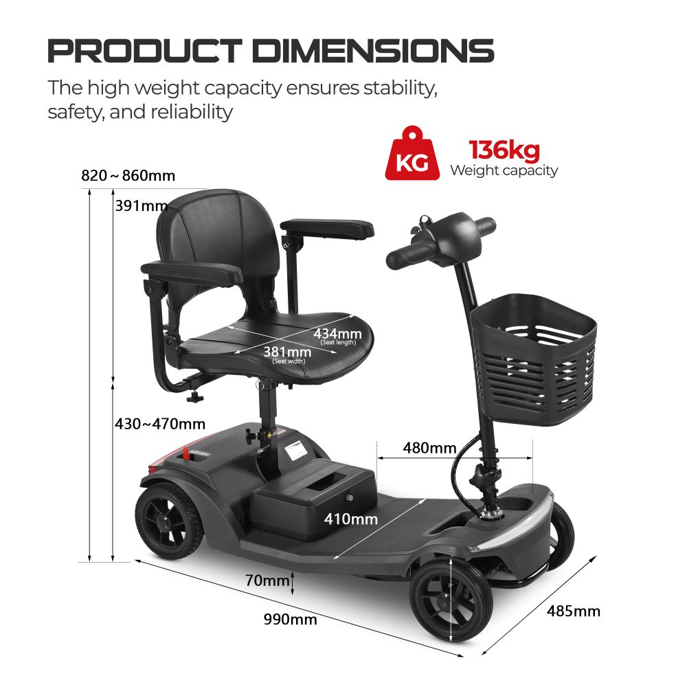 Dimensiones del producto de un scooter de movilidad negro con capacidad de 136 kg.