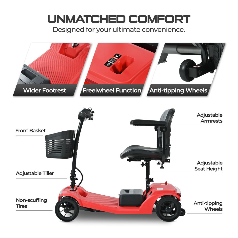 Scooter rojo con cesta, reposabrazos y asiento ajustables. Características: reposapiés ancho y función de rueda libre.