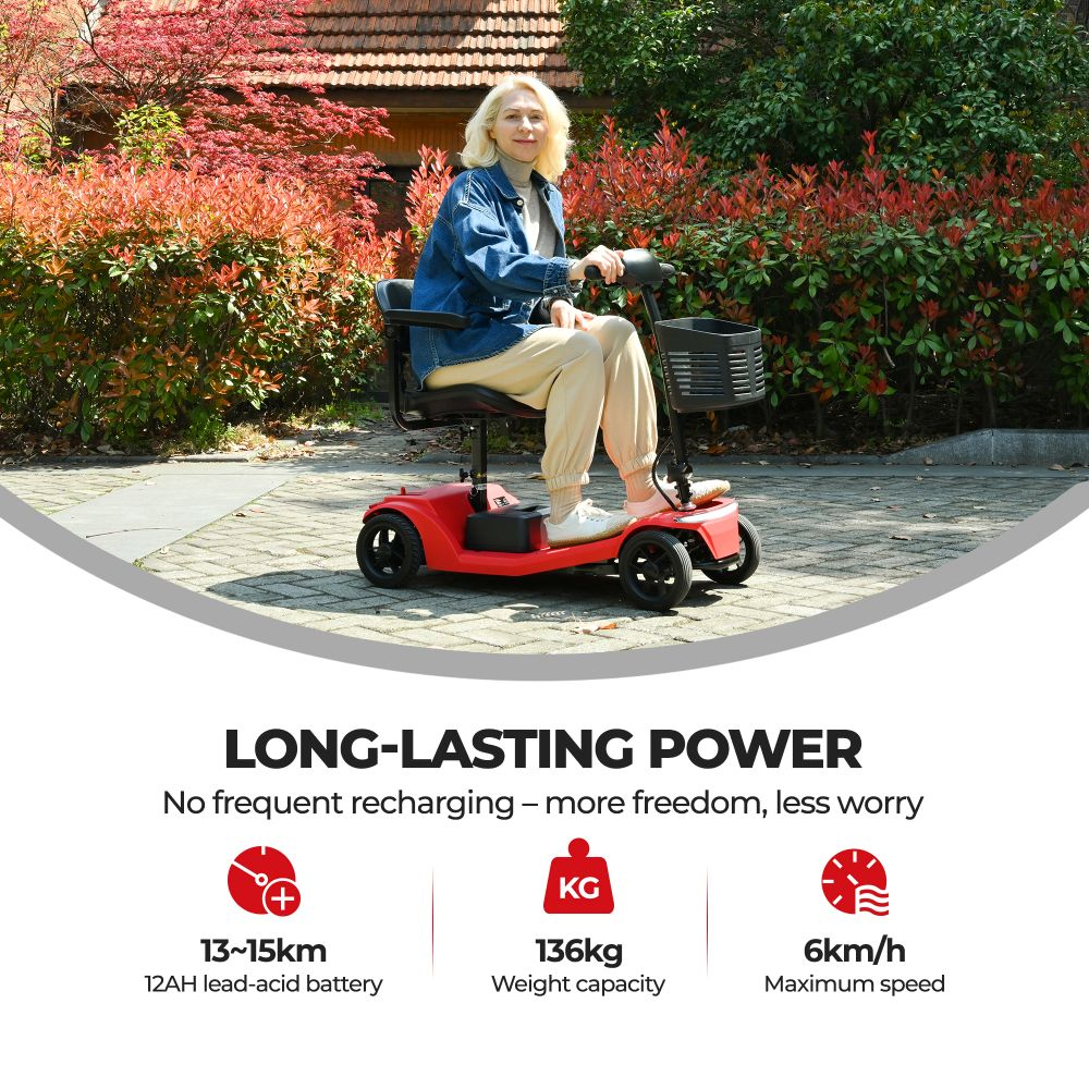 Mujer en scooter de movilidad rojo al aire libre, con estadísticas de alcance, peso y velocidad.