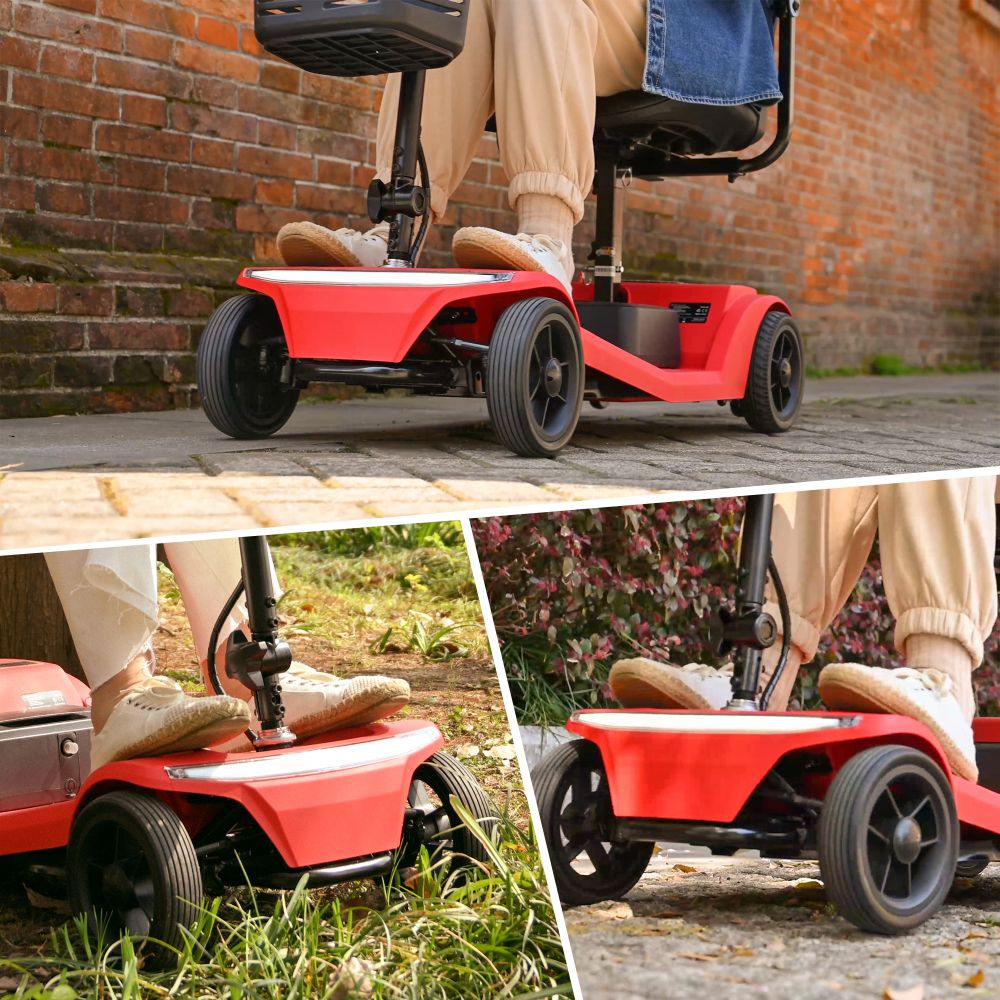 Persona en scooter de movilidad rojo de cuatro ruedas sobre camino pavimentado.
