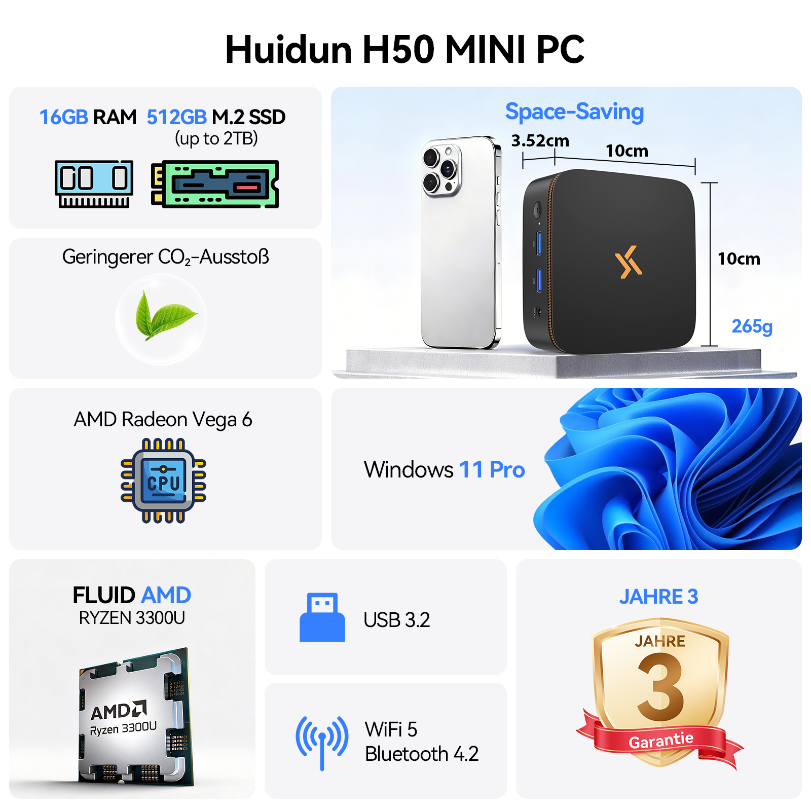 Huidun H50 Mini-PC mit 16GB RAM, 512GB SSD. Kompakt 10x10cm, 265g.