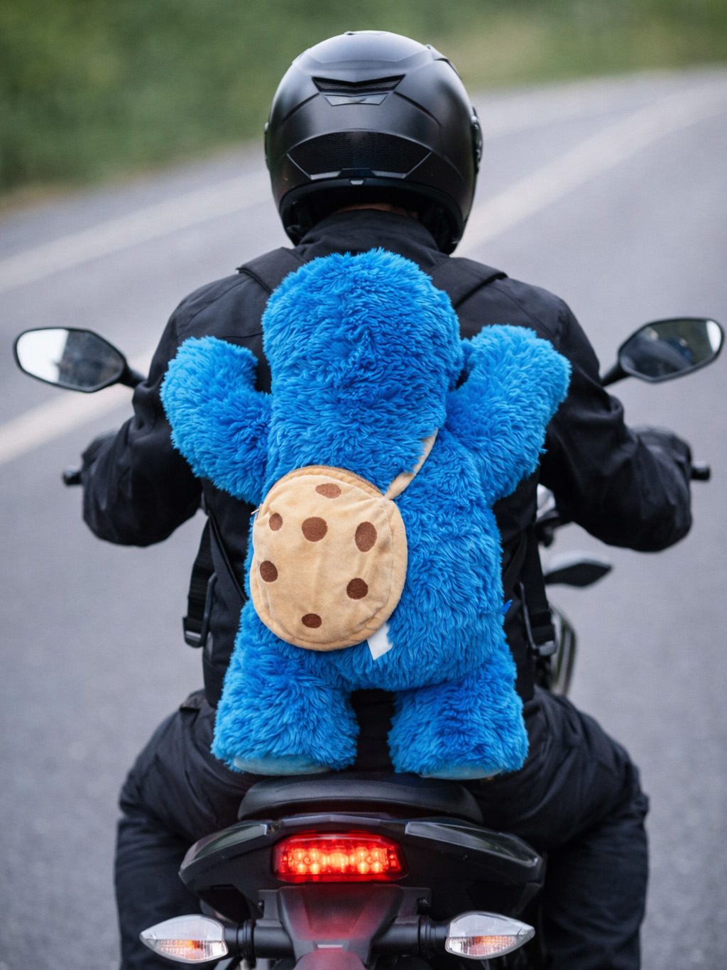 Ein blauer Plüsch-Krümelmonster-Rucksack auf einem Motorradfahrer in schwarzer Kleidung.