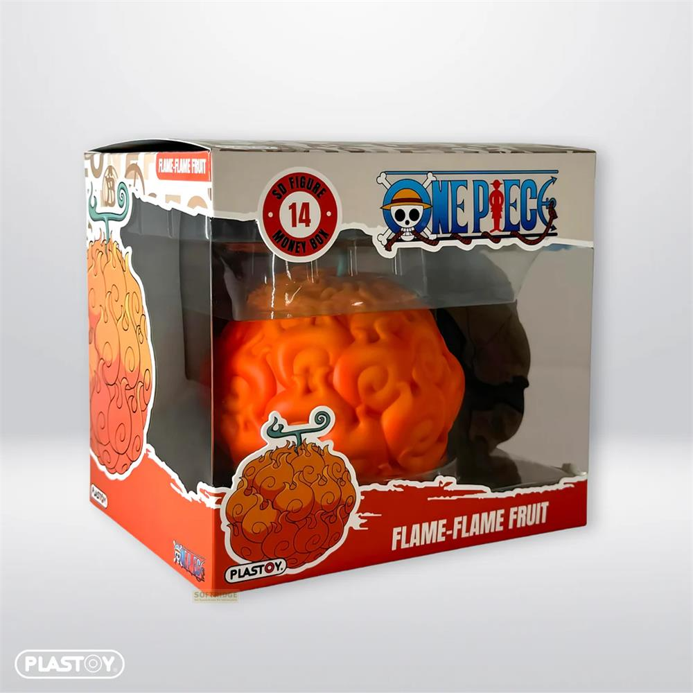 Una alcancía naranja "Flame-Flame Fruit" de One Piece de Plastoy.