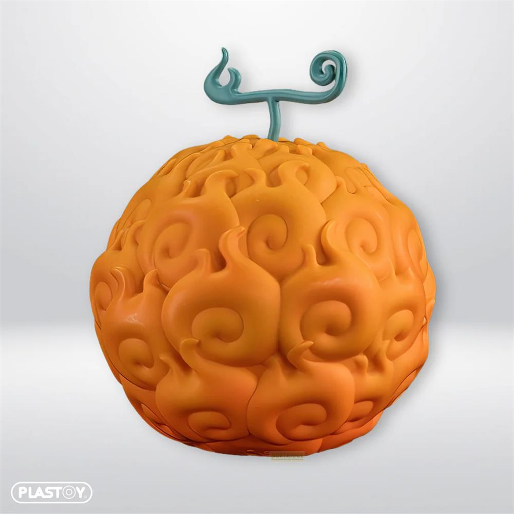 Una réplica de fruta del diablo naranja con patrones de llama y un tallo azul.