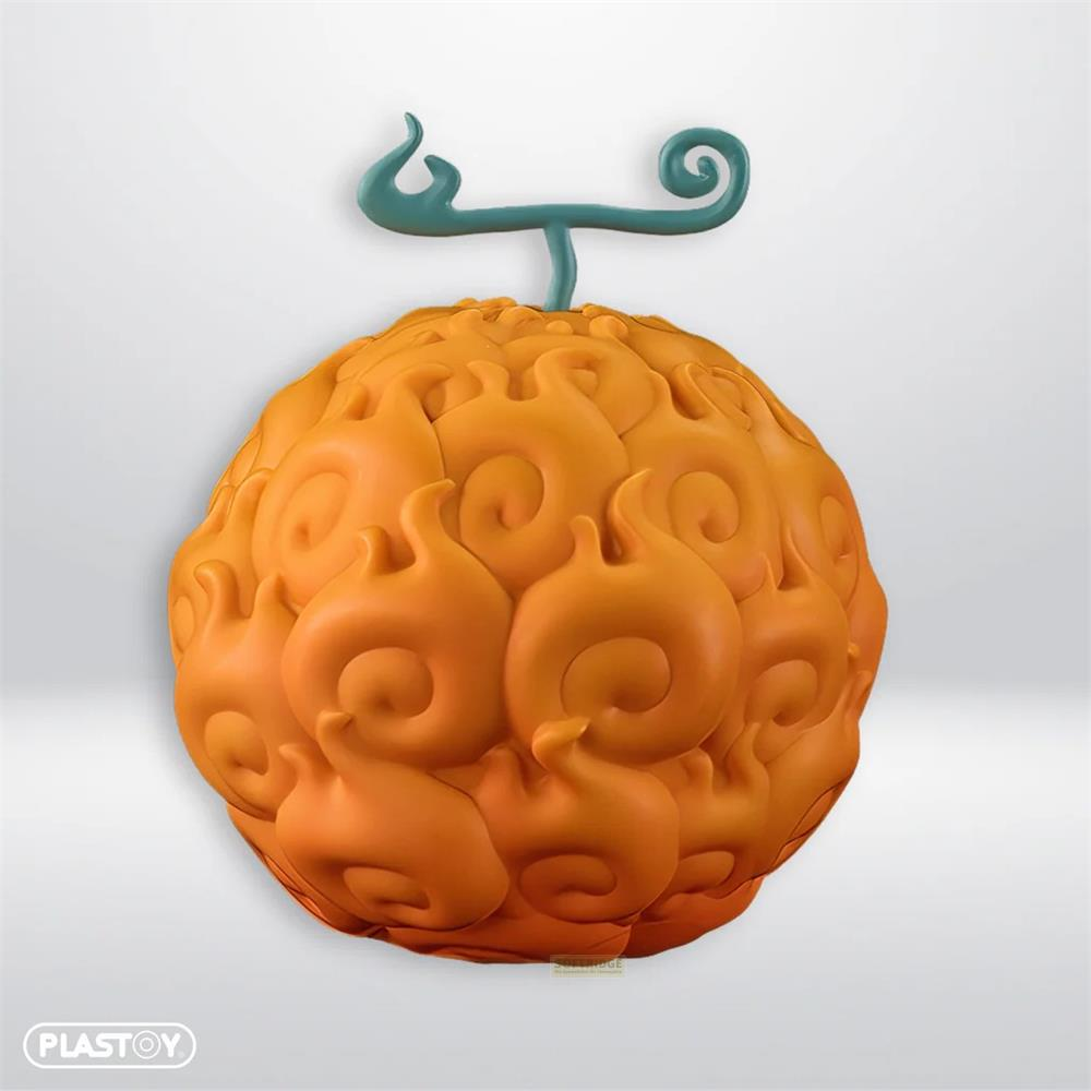 Una fruta del diablo naranja con forma de llama y un tallo verde azulado con remolinos.