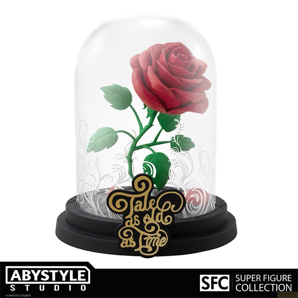 Verzauberte Rose unter Glasglocke mit Inschrift 'Tale as old as time' auf schwarzem Sockel.