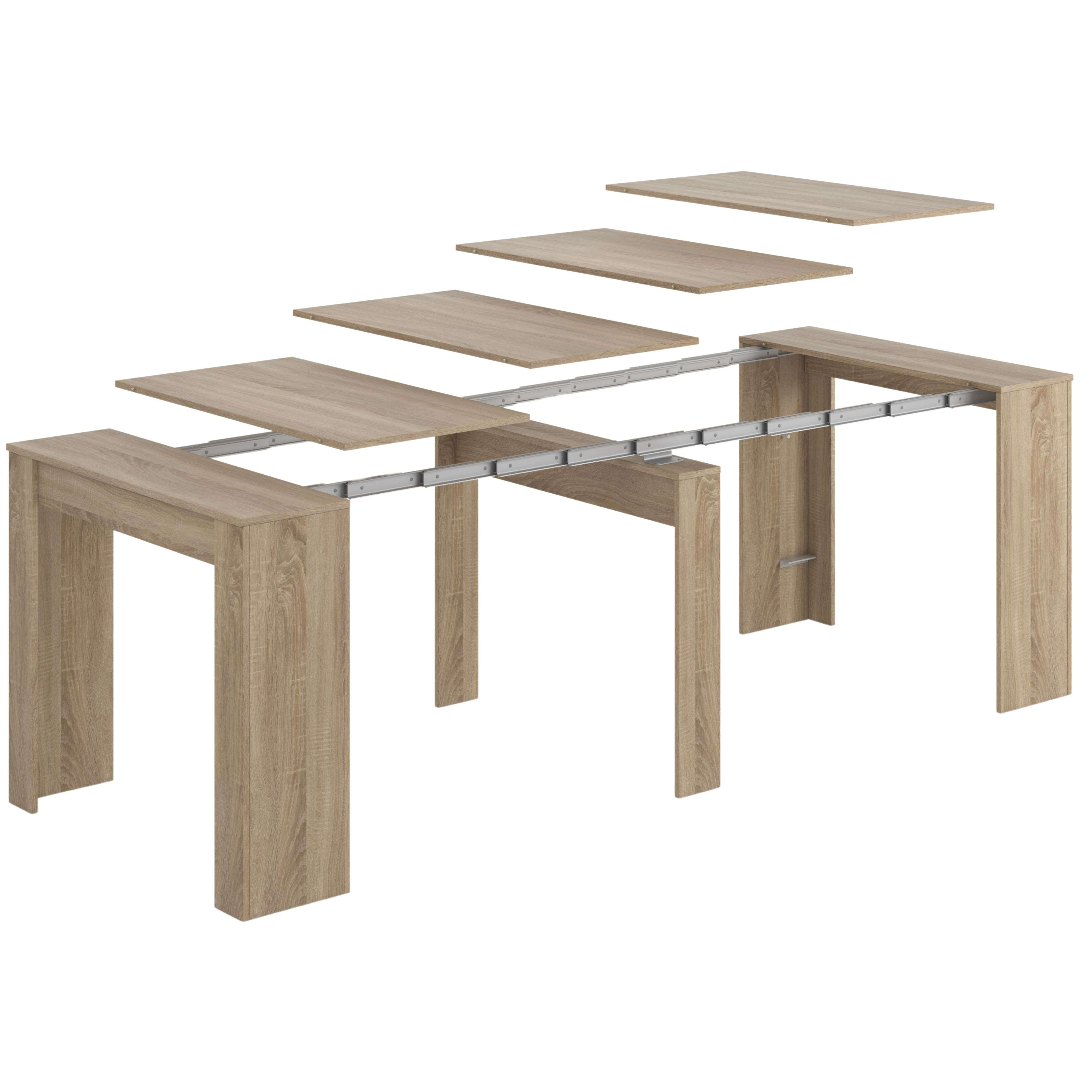 Mesa extensible con chapa de madera y rieles deslizantes de metal, parcialmente desmontada.