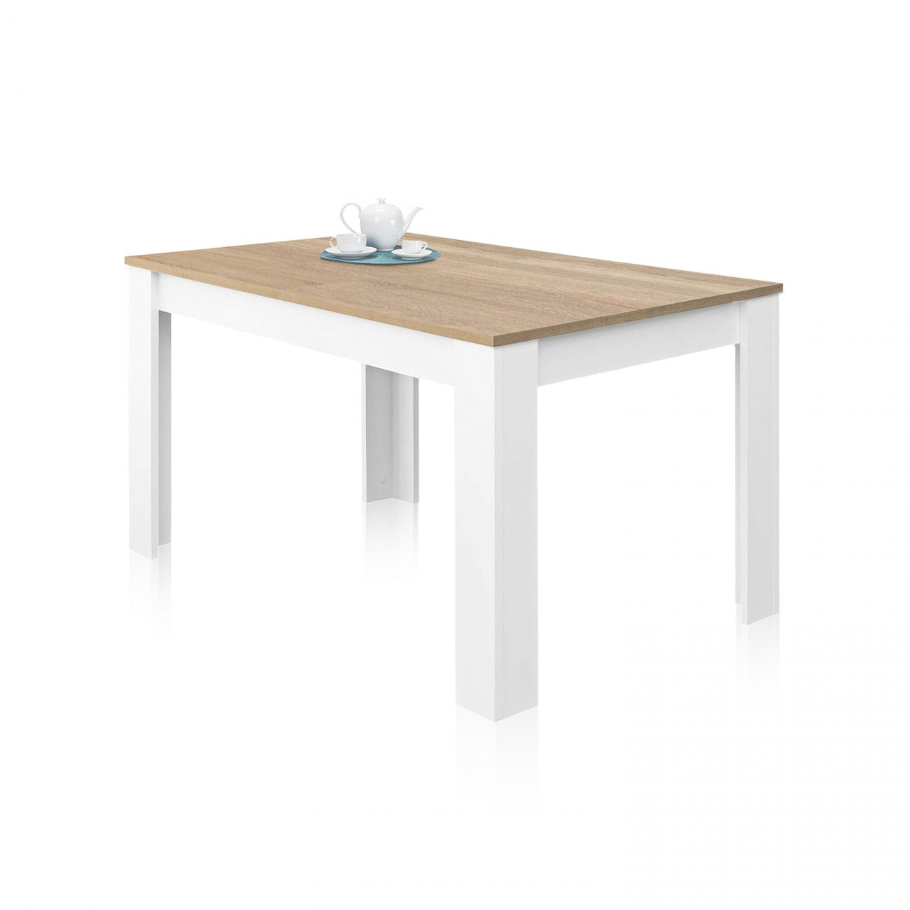 Una mesa de madera con patas blancas, tetera y tazas encima.