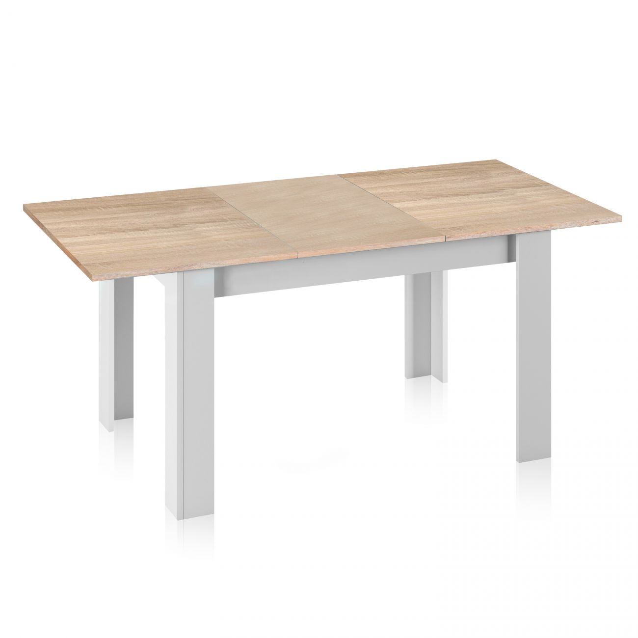 Mesa extensible de madera clara con patas blancas sobre fondo blanco.