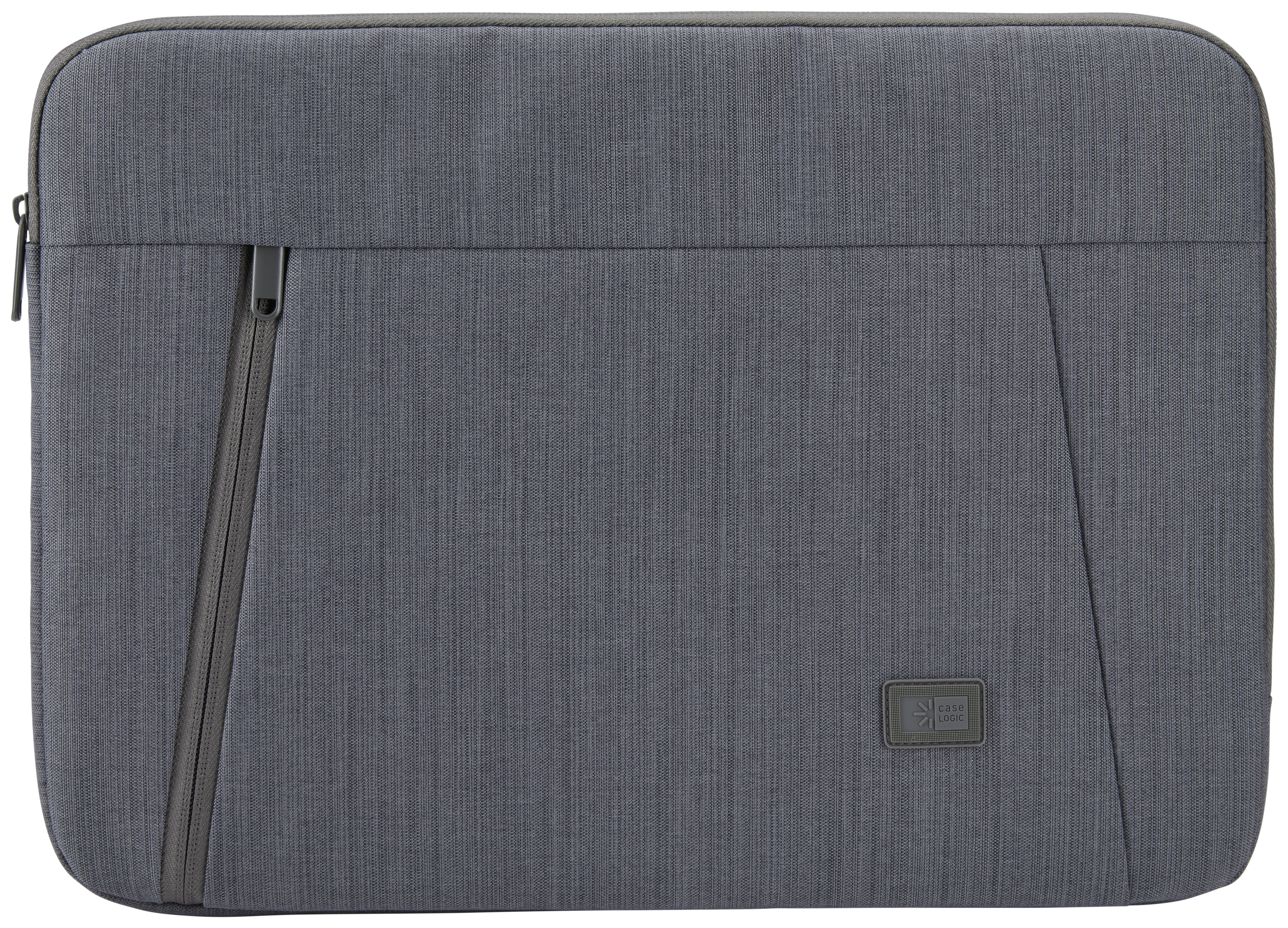 Graue Laptoptasche mit Reißverschluss vorne und Logo.
