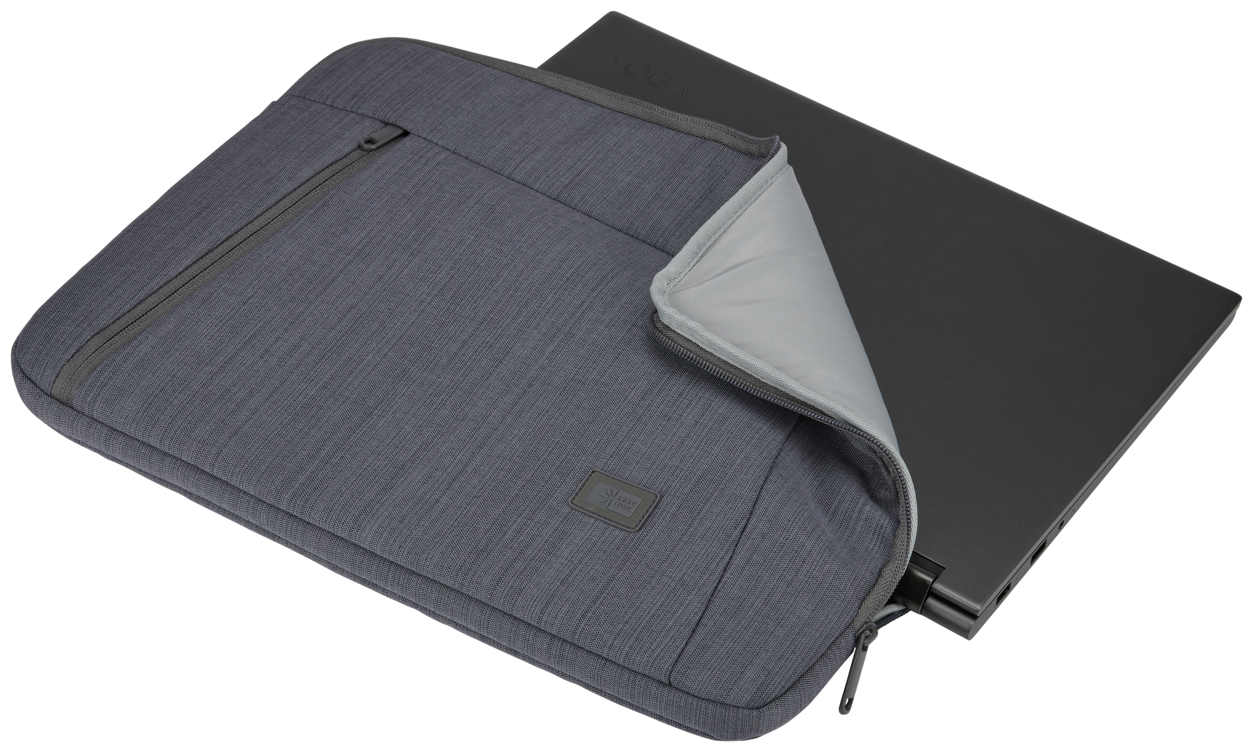 Graue Laptoptasche mit Reißverschluss und einem schwarzen Laptop.
