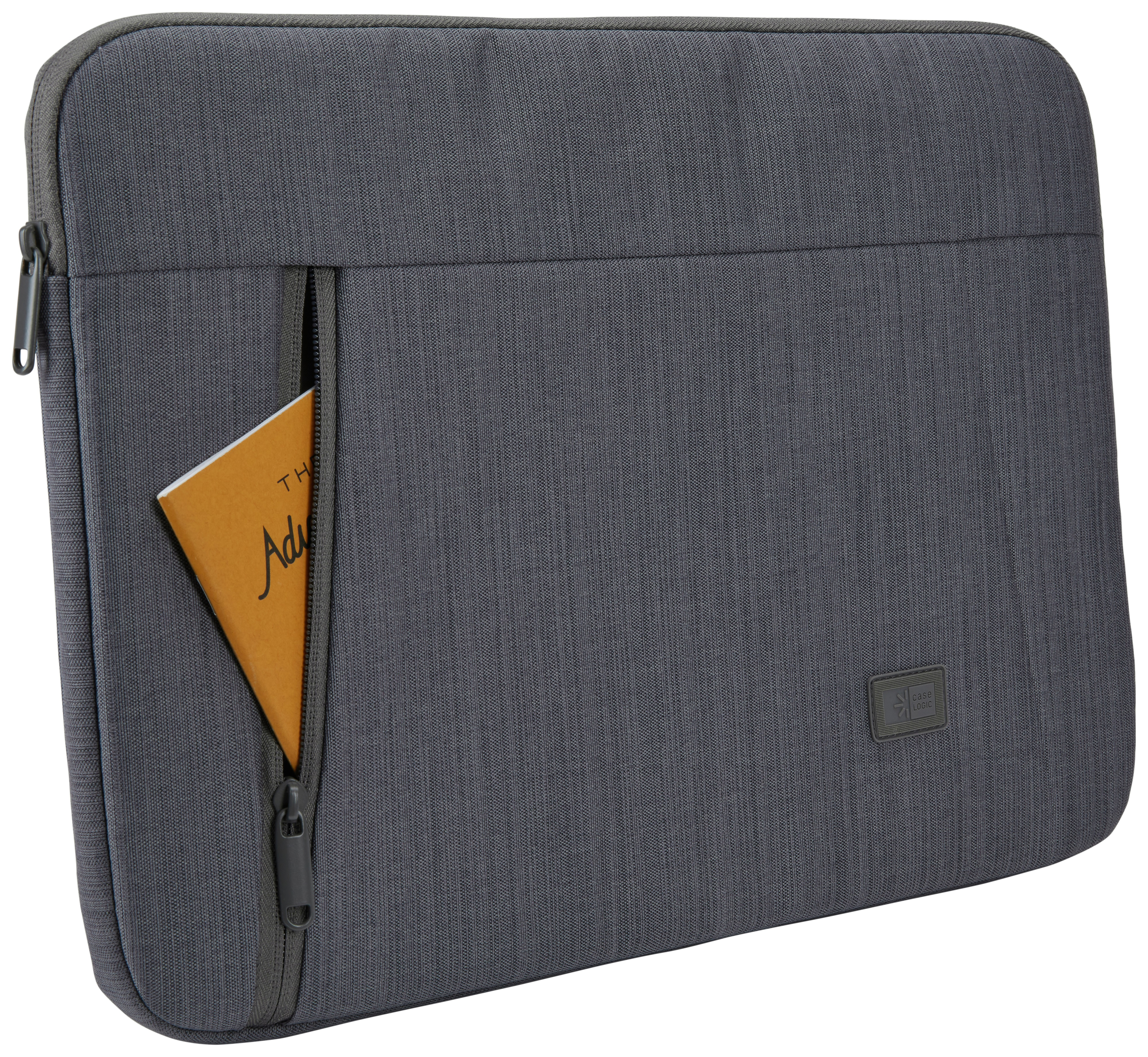 Graue Laptoptasche mit Reißverschluss und einer kleinen orangen Notizbuchentasche.