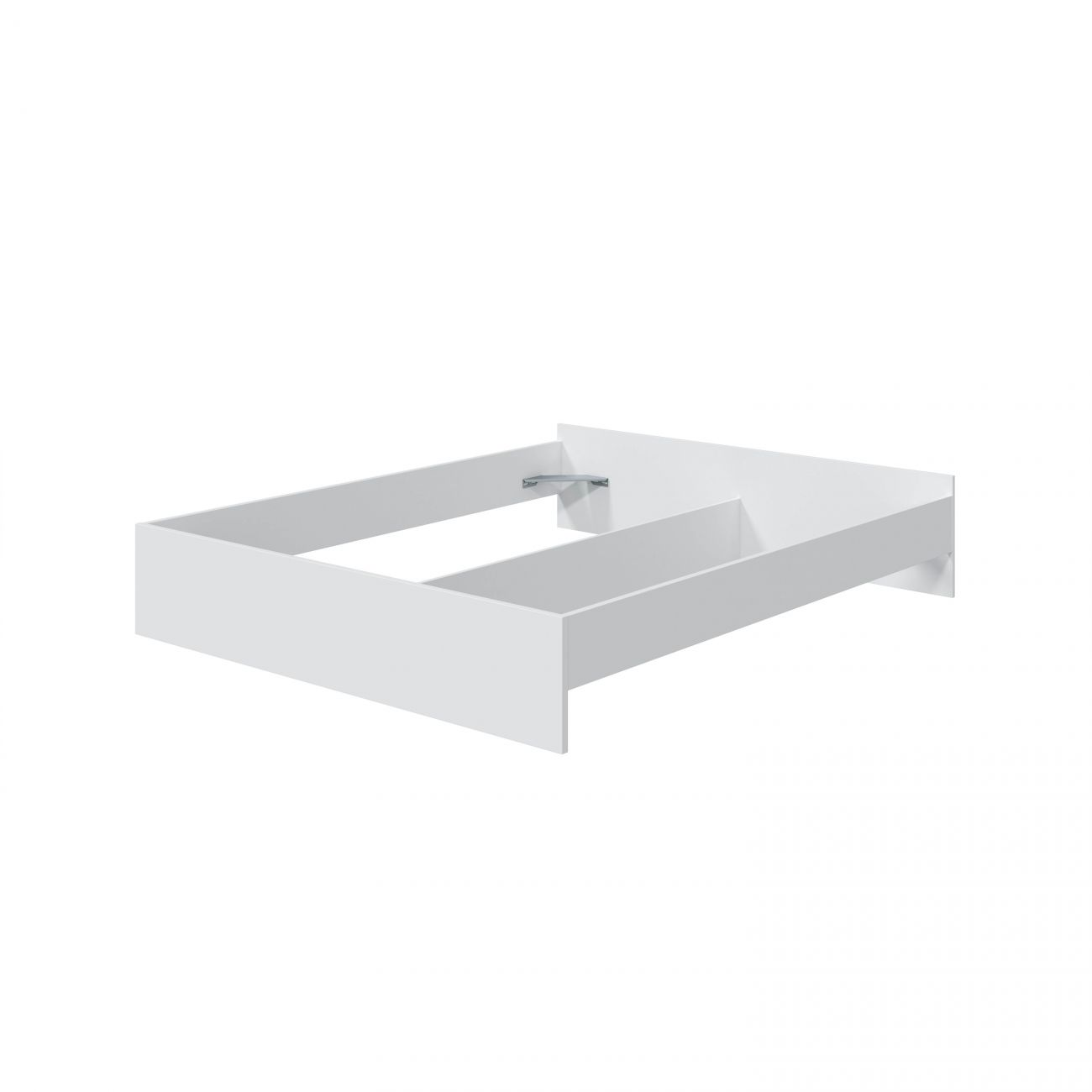 Un marco de cama blanco con soportes metálicos, sobre fondo blanco.