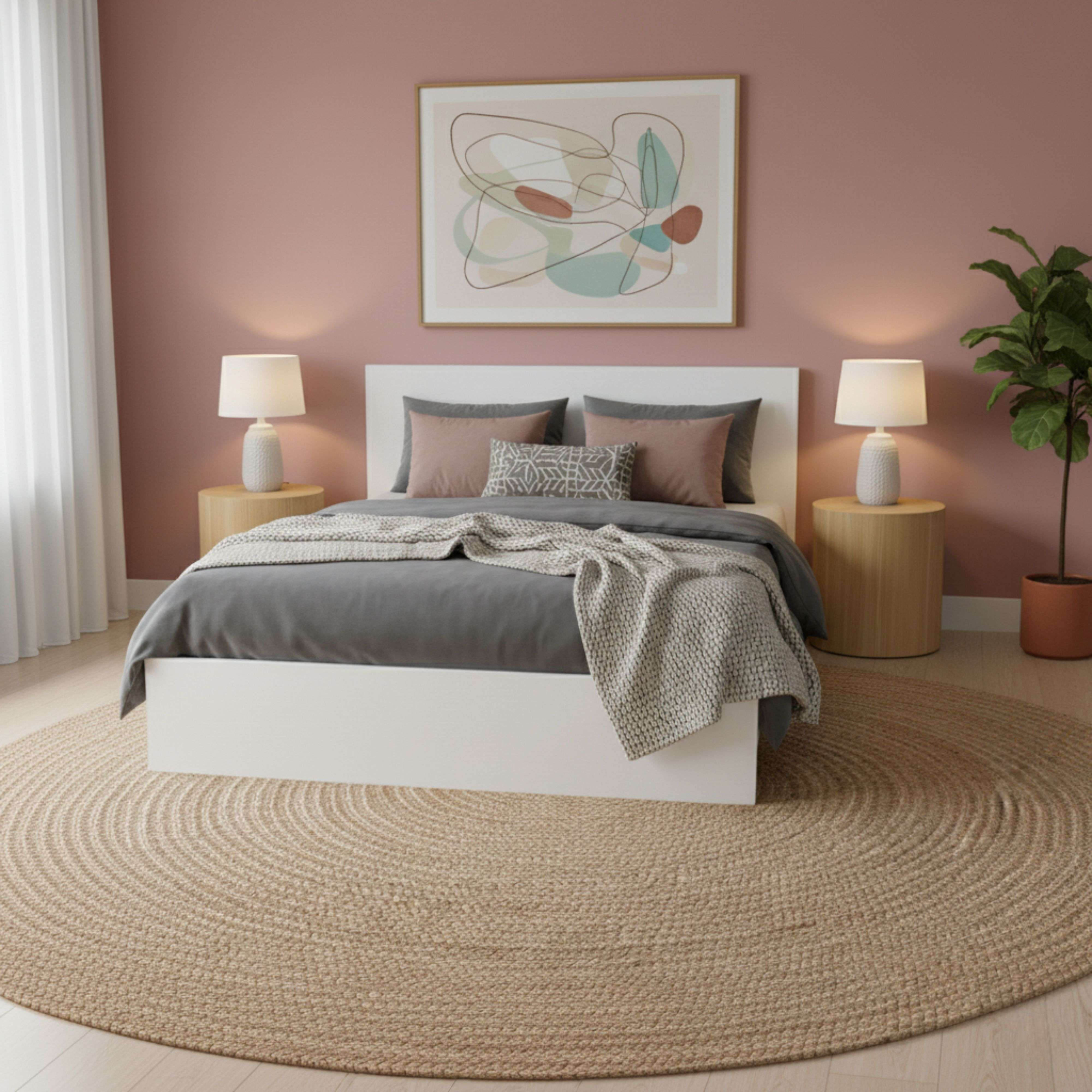 Un dormitorio con cama, mesitas de noche, lámparas, alfombra redonda y arte.