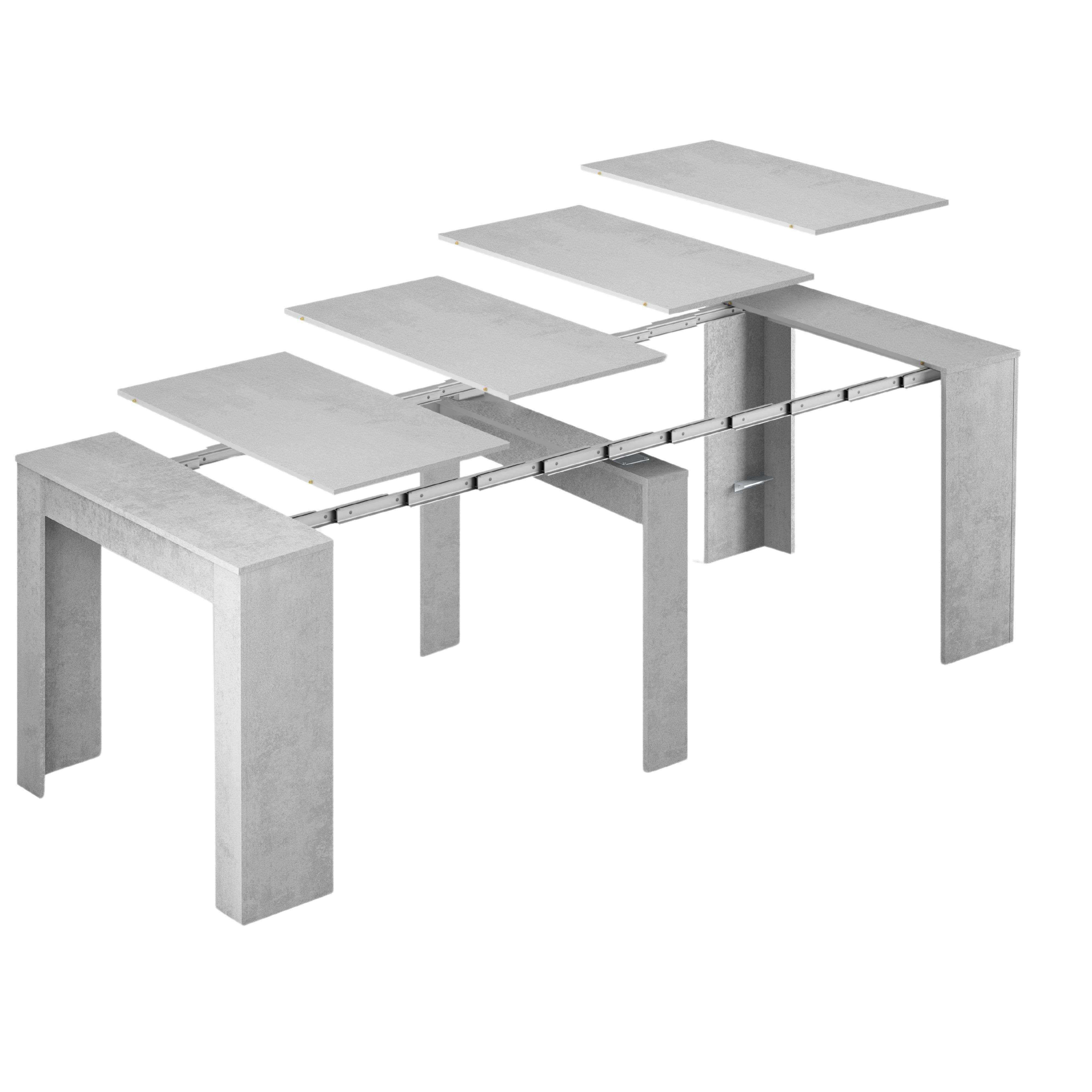 Una mesa extensible con aspecto de hormigón y extensiones extraíbles.