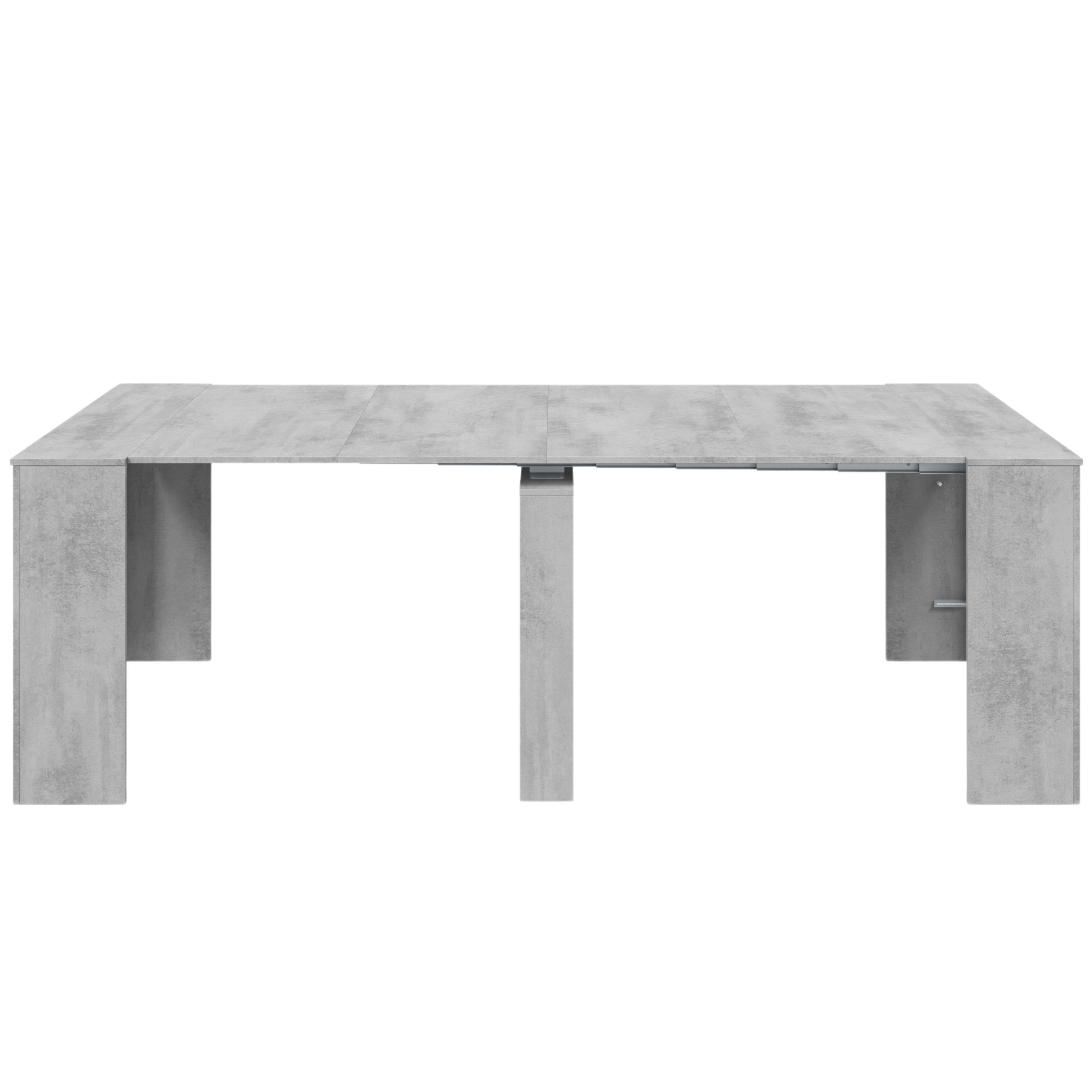 Mesa extensible gris con aspecto de hormigón y dos patas de pilar.