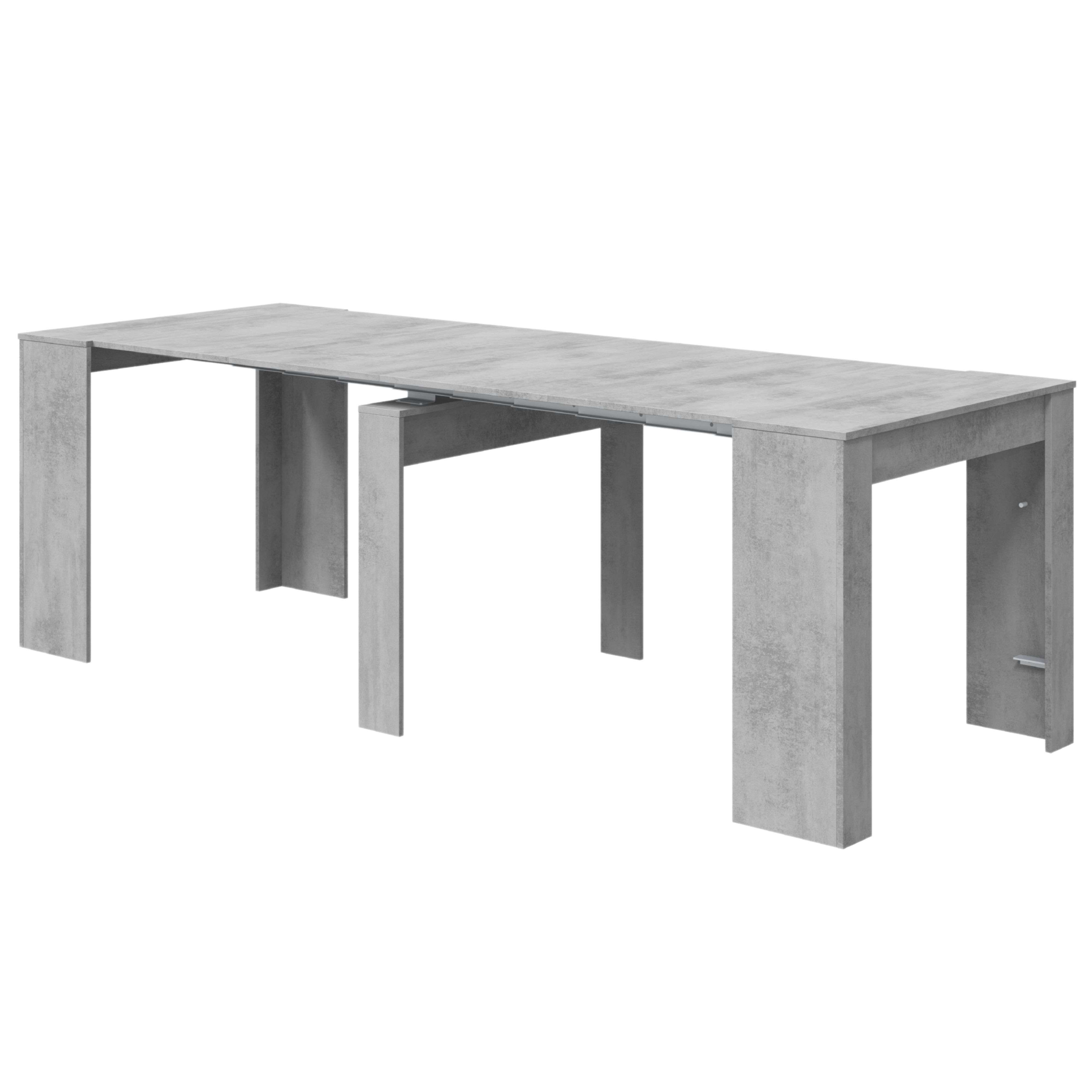 Mesa extensible gris con aspecto de hormigón y cuatro patas.