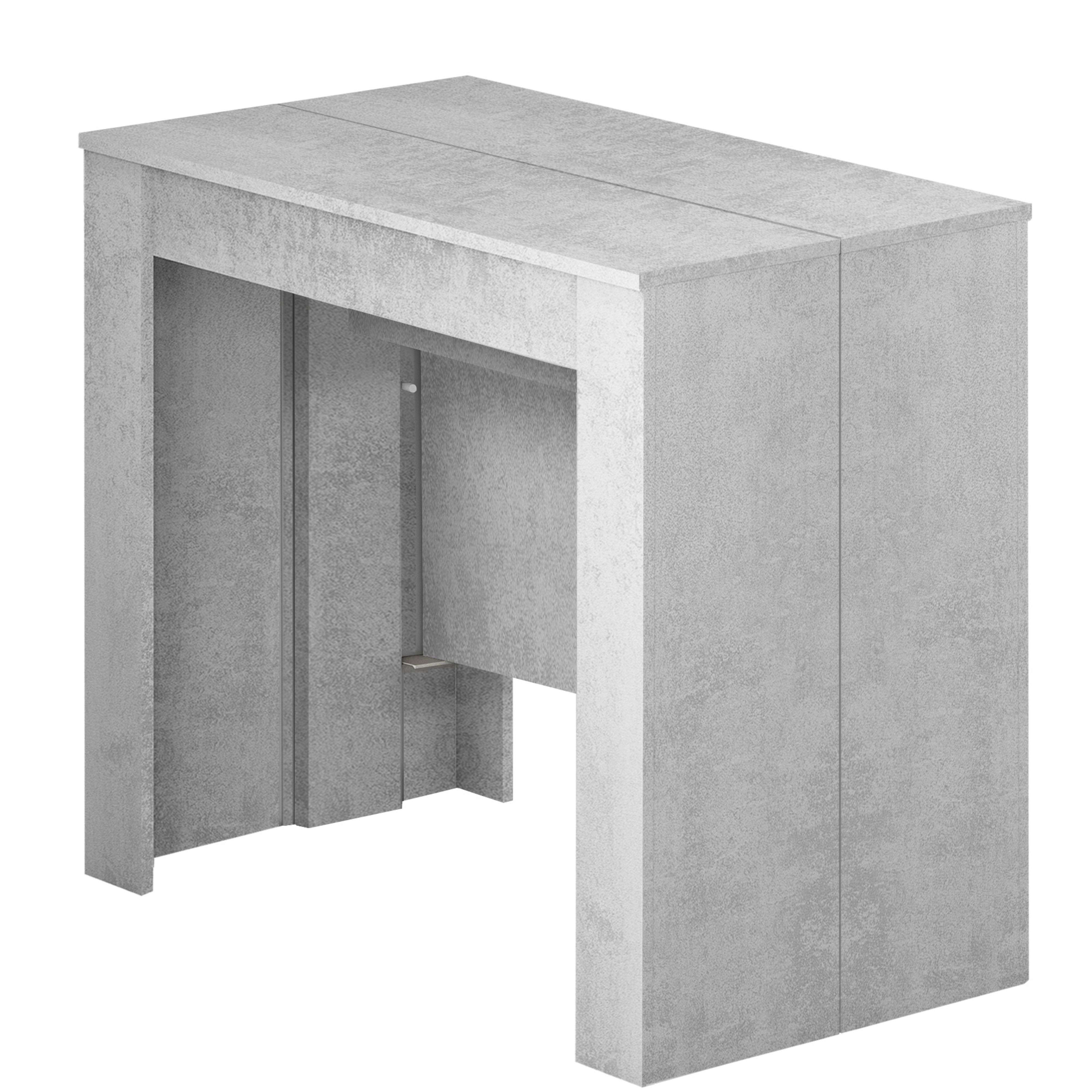 Una mesa gris con aspecto de hormigón, sobre patas blancas.