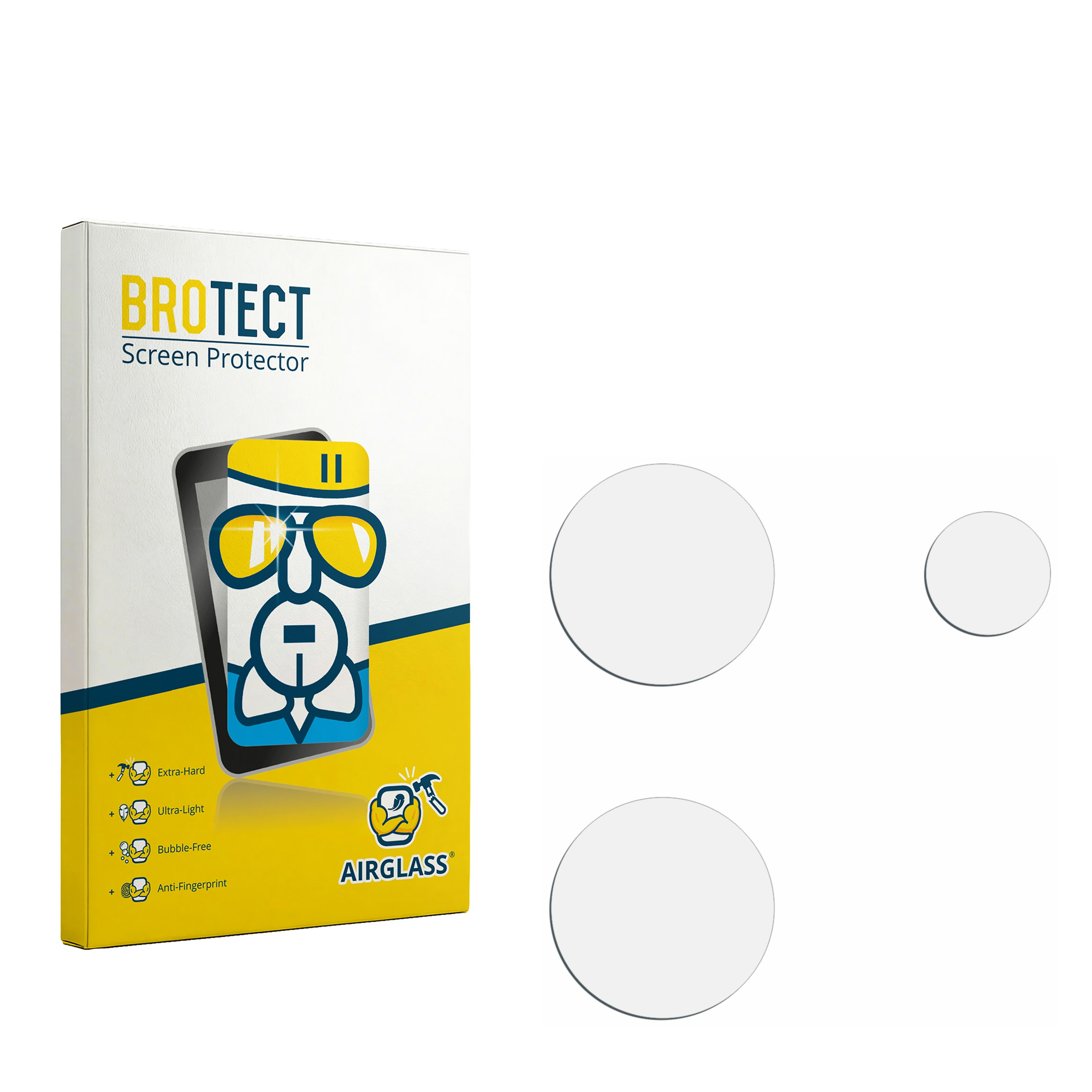 BROTECT Screen Protector Schachtel mit Merkmalen und drei runde Displayschutzfolien.