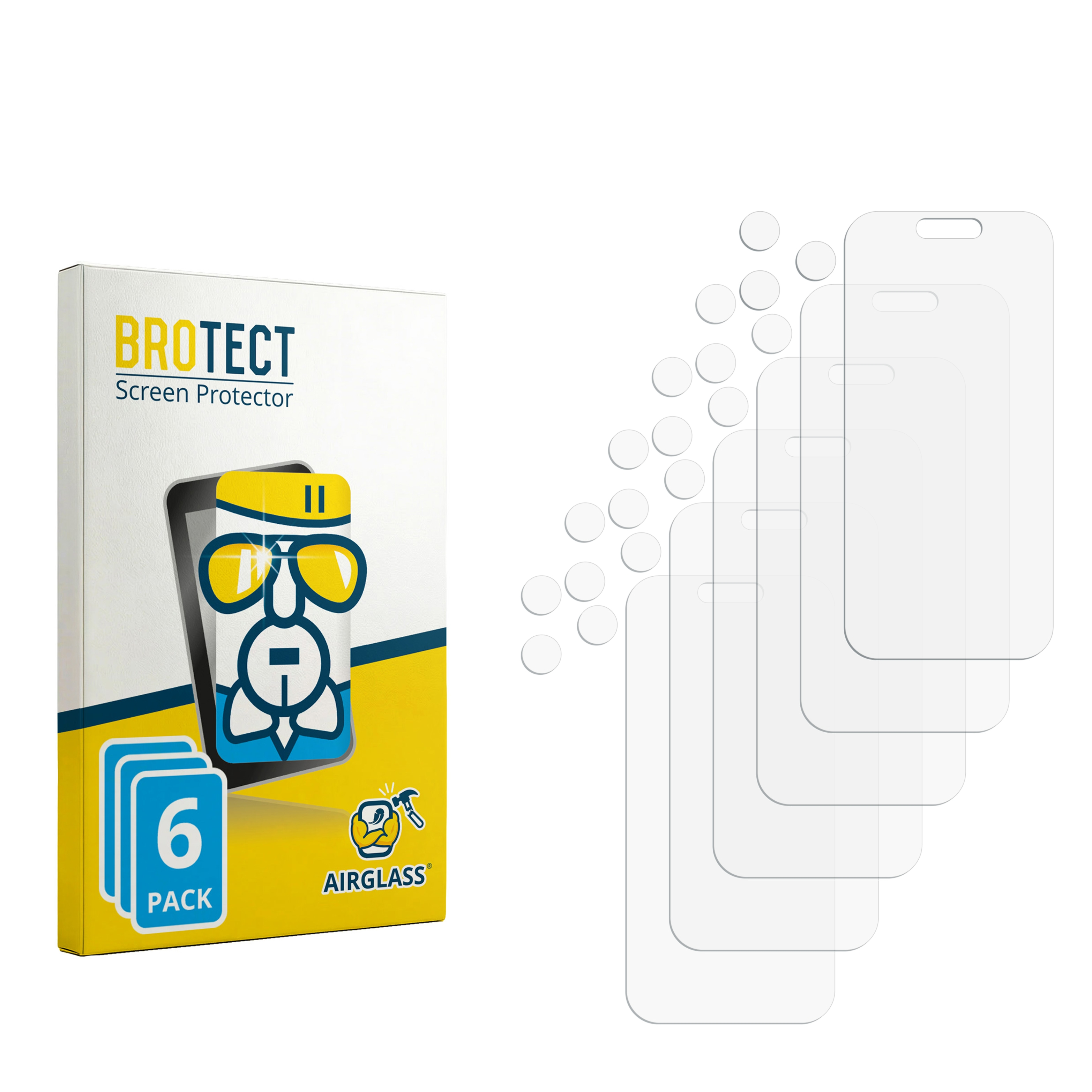 Packung mit 6 Displayschutzfolien und kleinen runden Aufklebern.