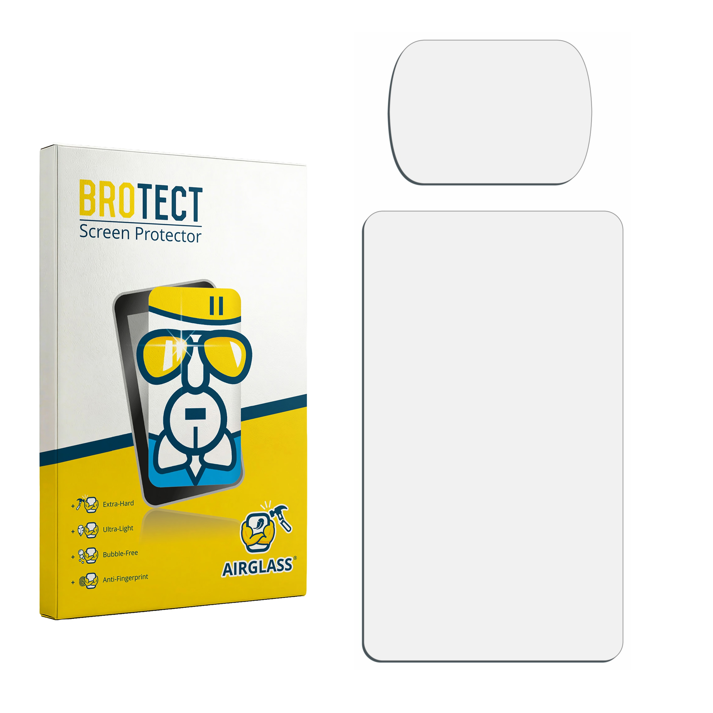 Verpackung für Displayschutzfolie und zwei Schutzfolien auf weißem Hintergrund.