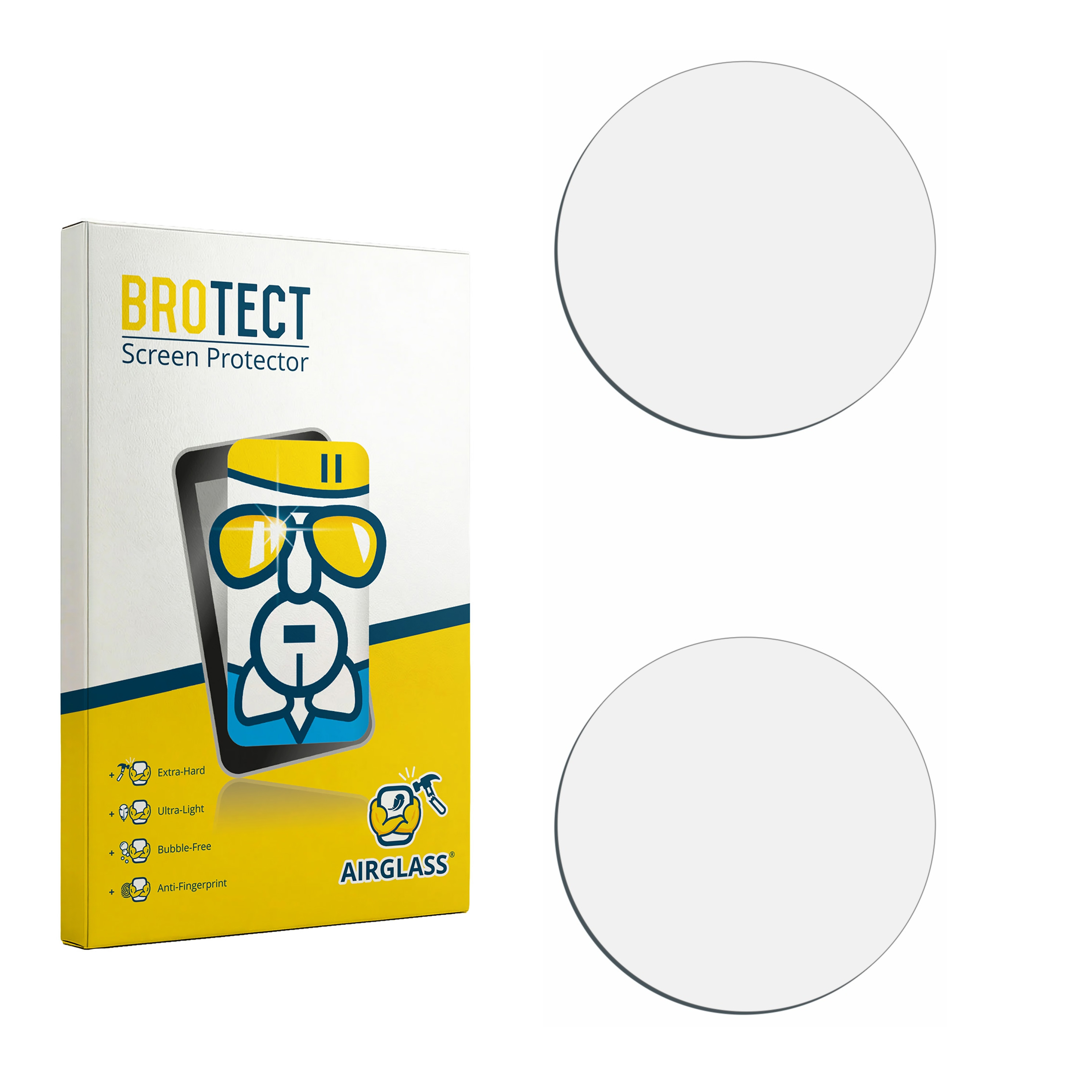 BROTECT Displayschutzfolien-Verpackung mit zwei runden Displayschutzfolien.