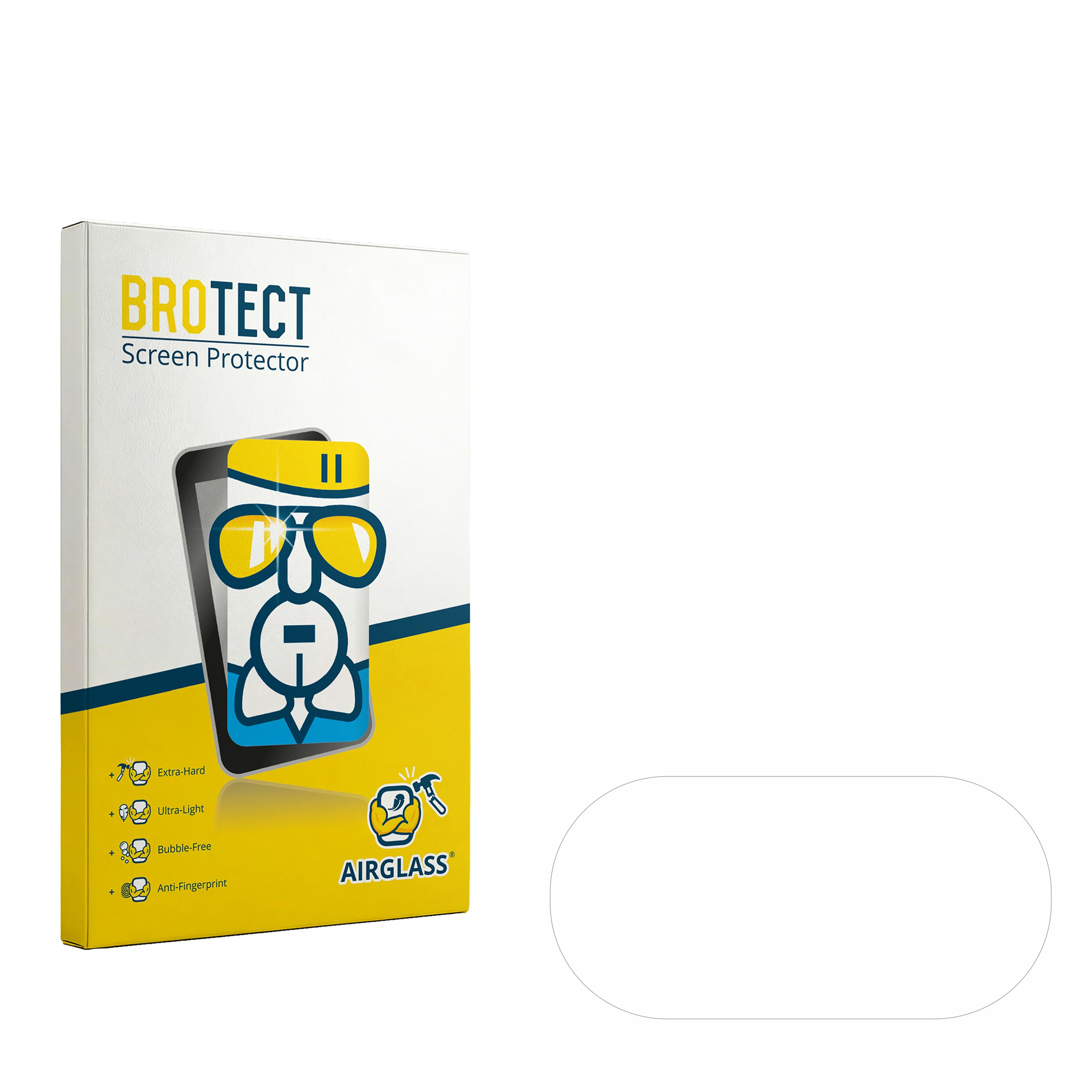 Verpackung des BROTECT Airglass Displayschutzes mit technischen Merkmalen.