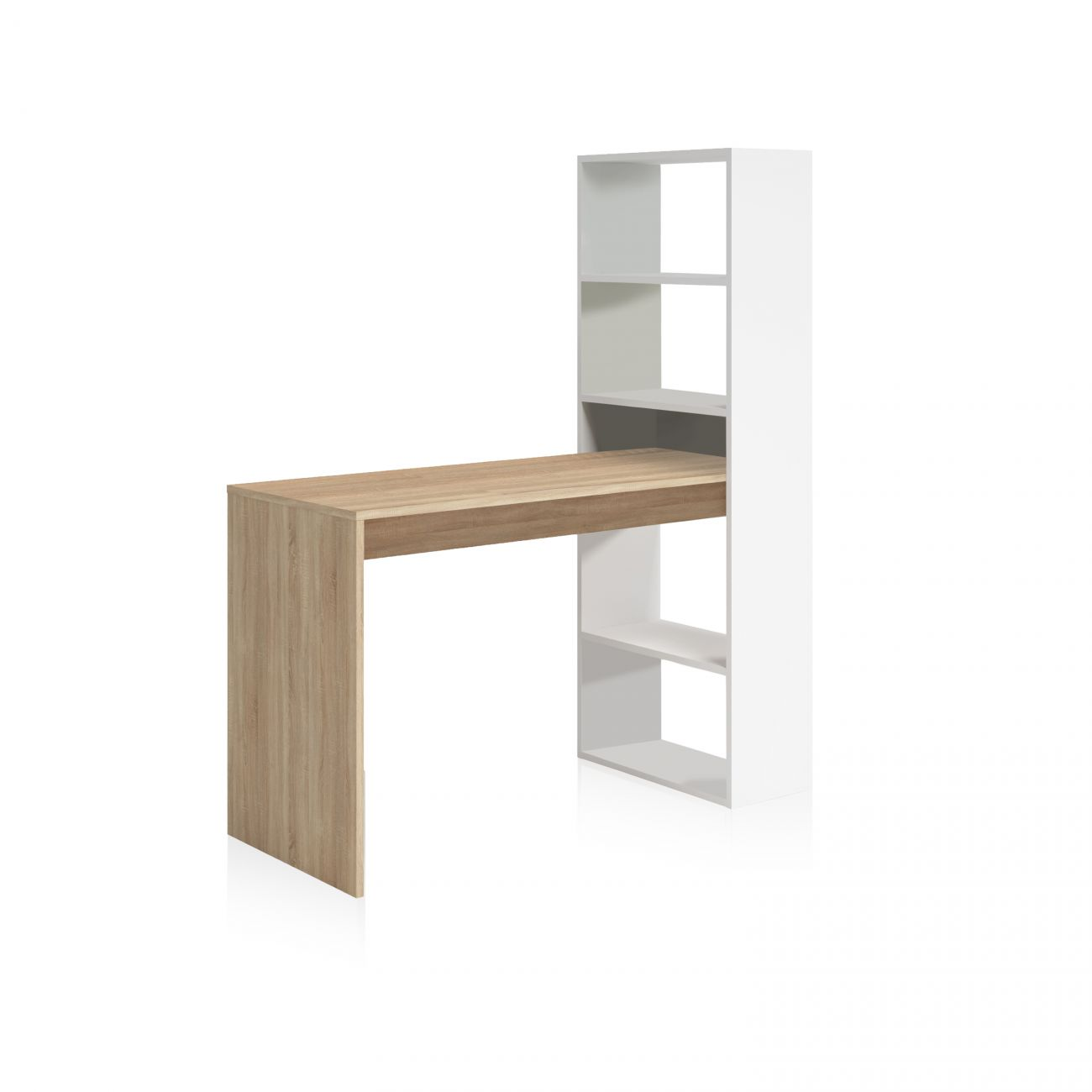 Un escritorio de madera con una estantería blanca a su lado.