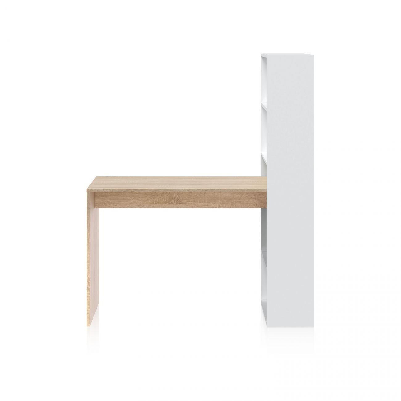 Un escritorio de madera con una estantería blanca a la derecha.