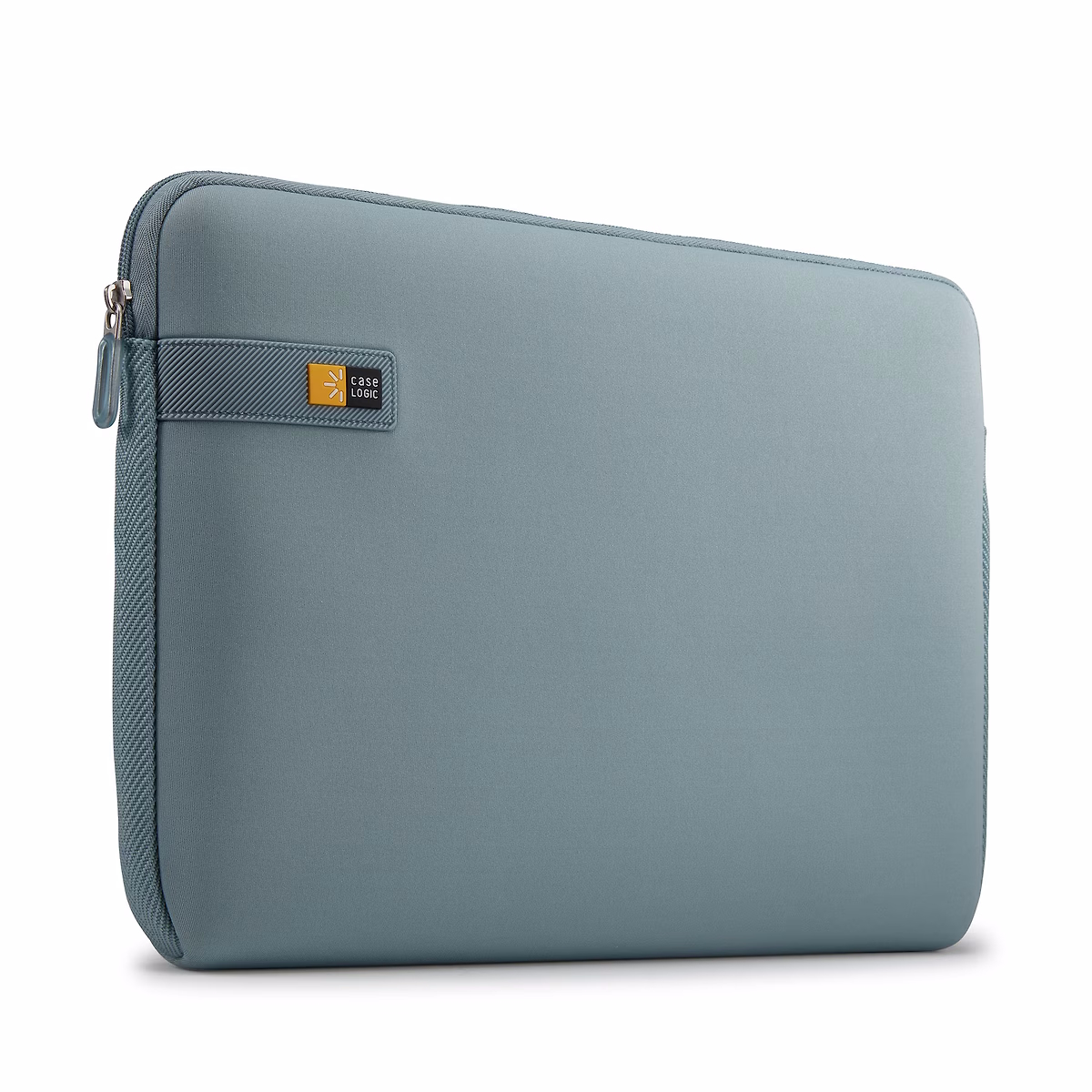 Graue Laptoptasche mit Reißverschluss und gelbem Logo auf der linken Seite.