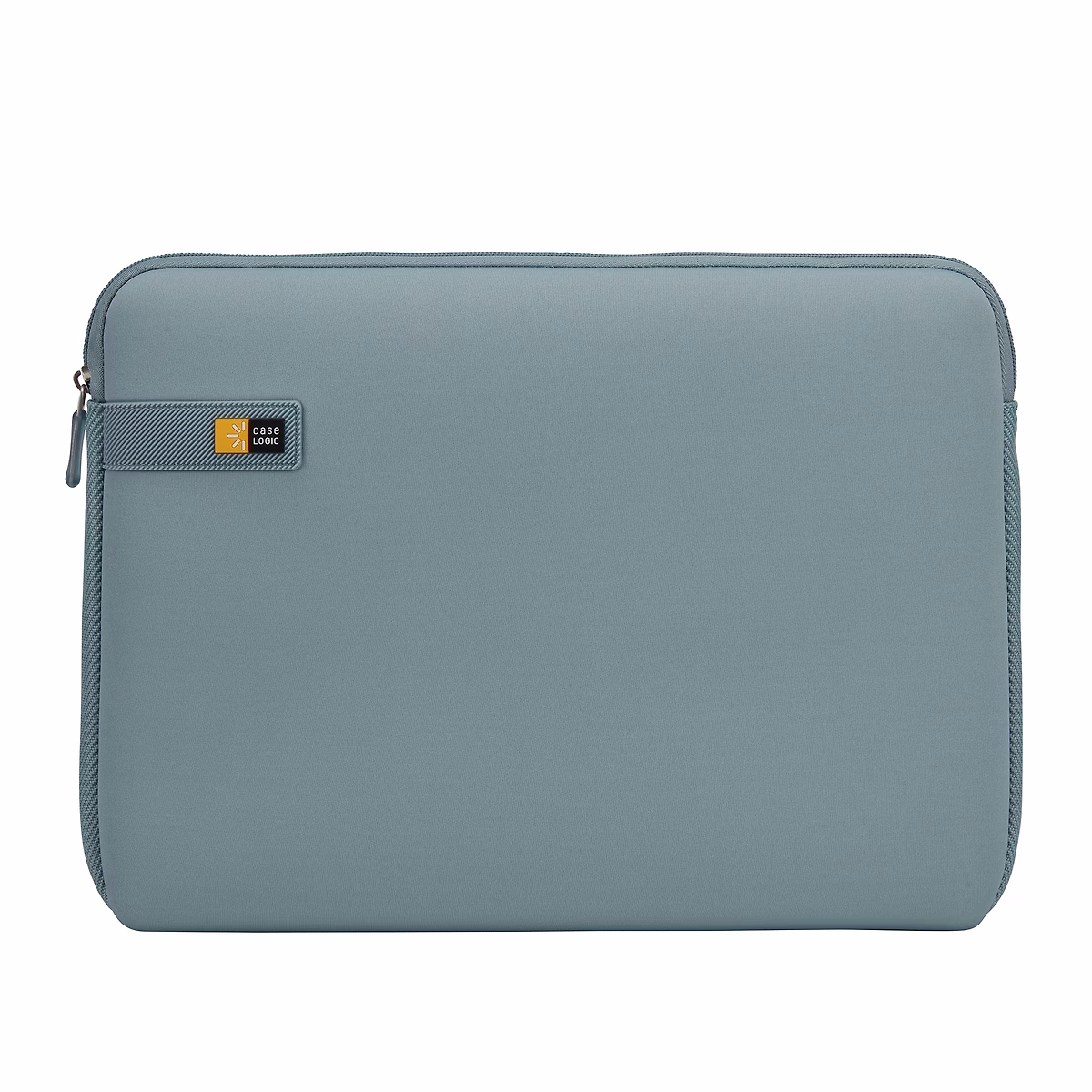 Graue Laptoptasche mit kleinem Logo und Reißverschluss.