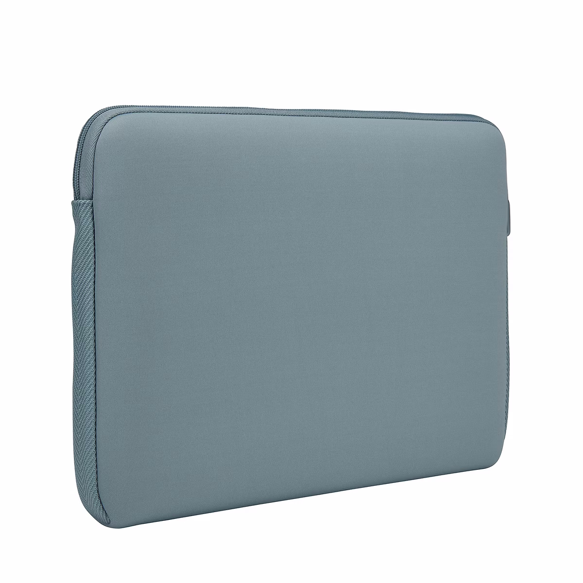 Ein graublaues Laptop-Etui mit Reißverschluss auf weißem Hintergrund.