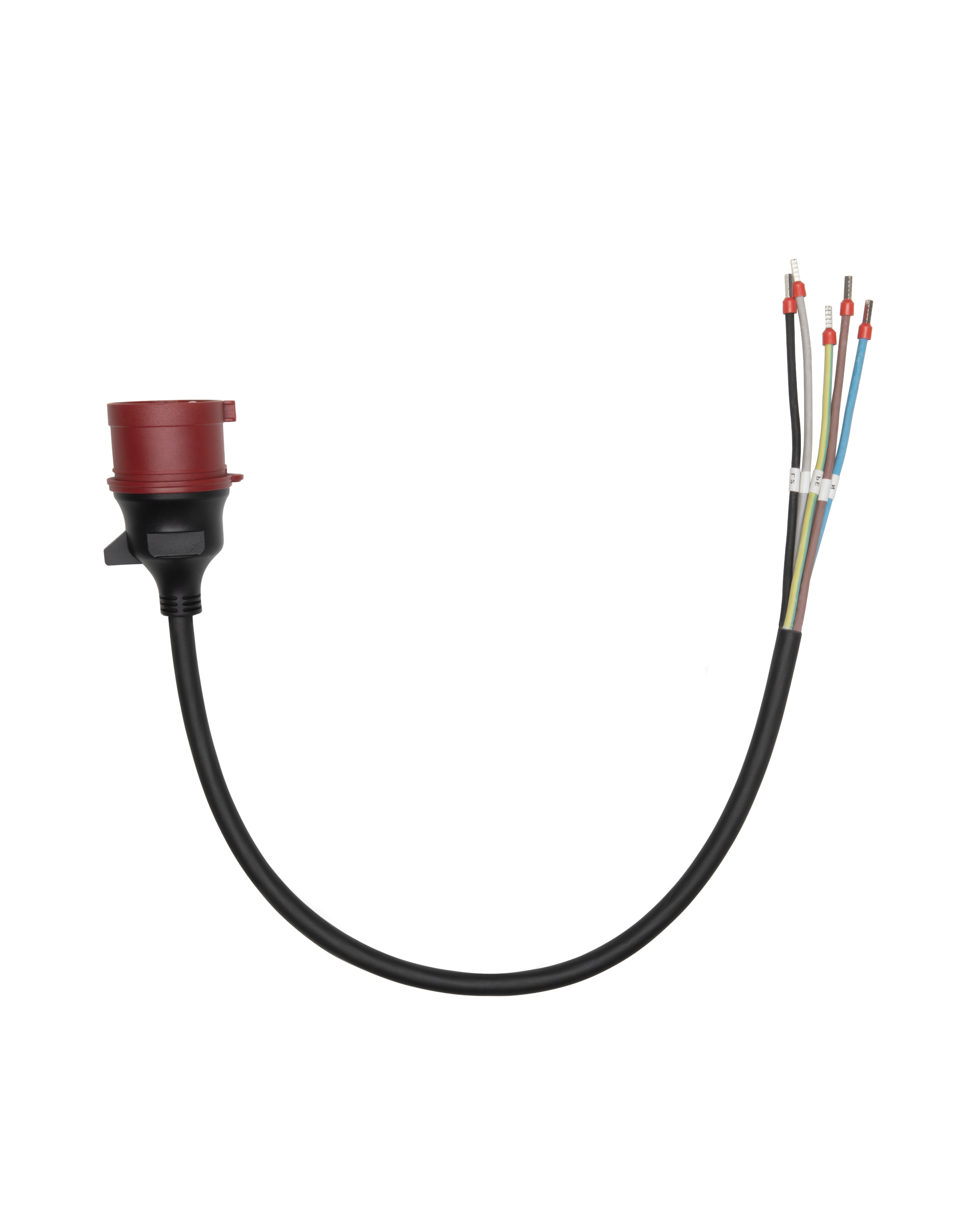 Een rode stekker met een zwart kabel en blootliggende, kleurgecodeerde draden.