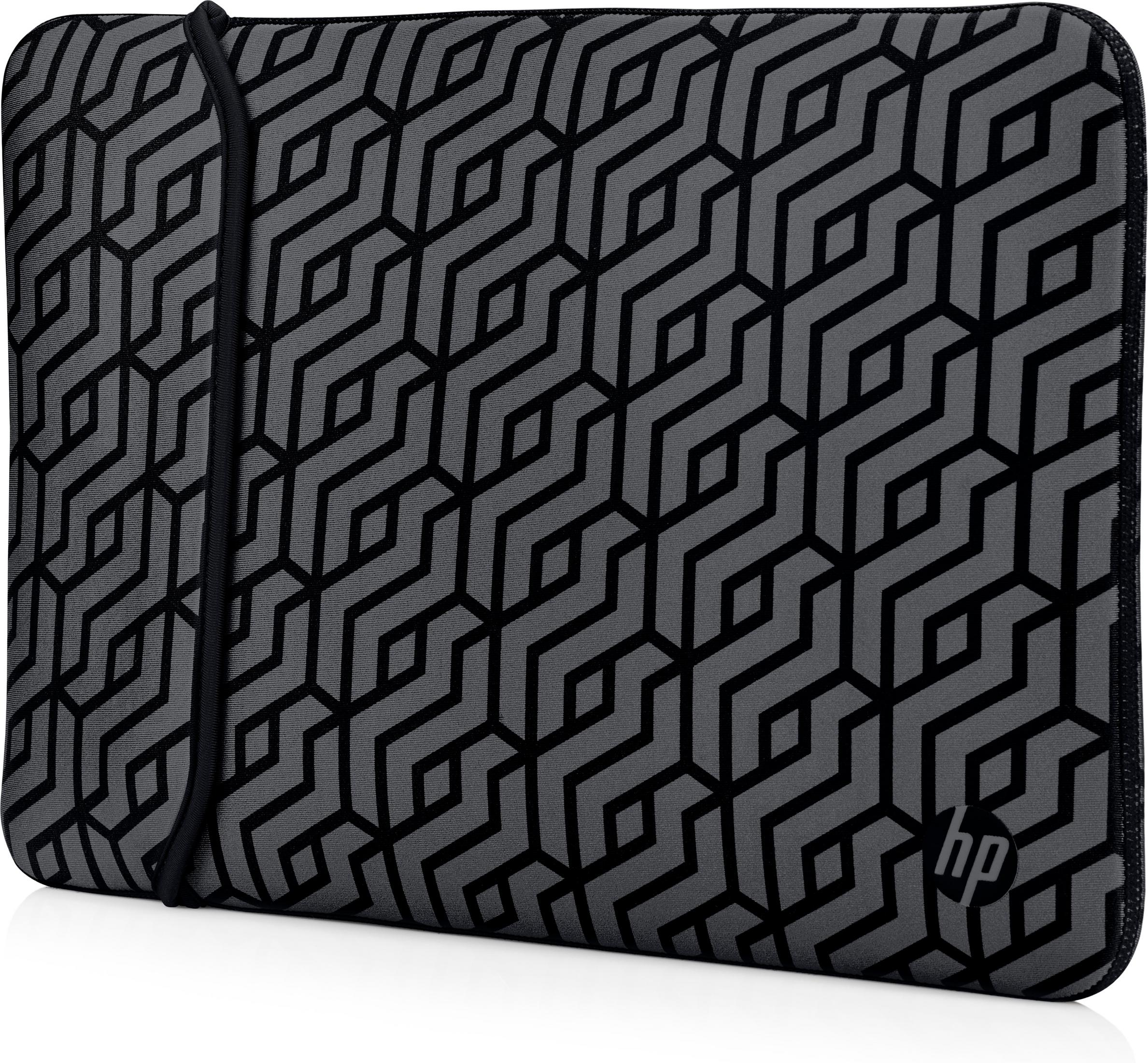 Graue Laptophülle mit schwarzem geometrischem Muster und HP-Logo.