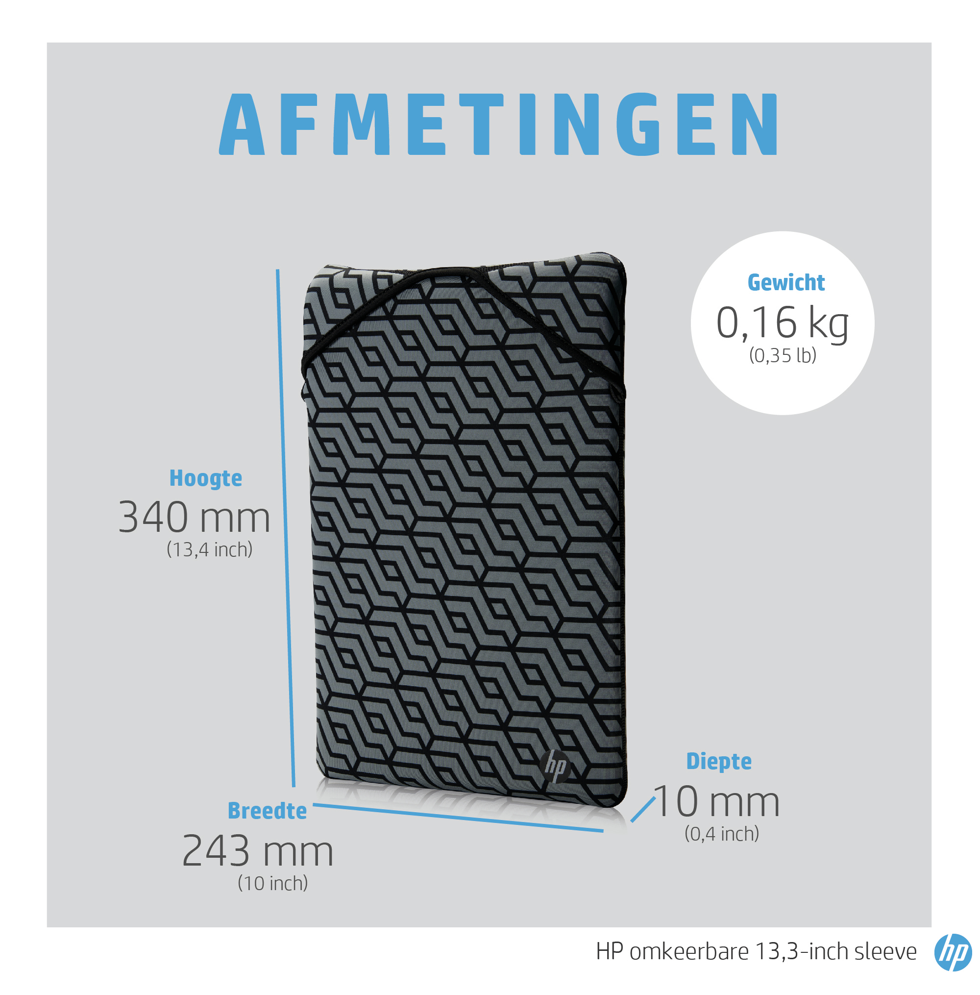 Graue HP Hülle mit schwarzem geometrischem Muster, 340x243x10 mm, 0,16 kg.