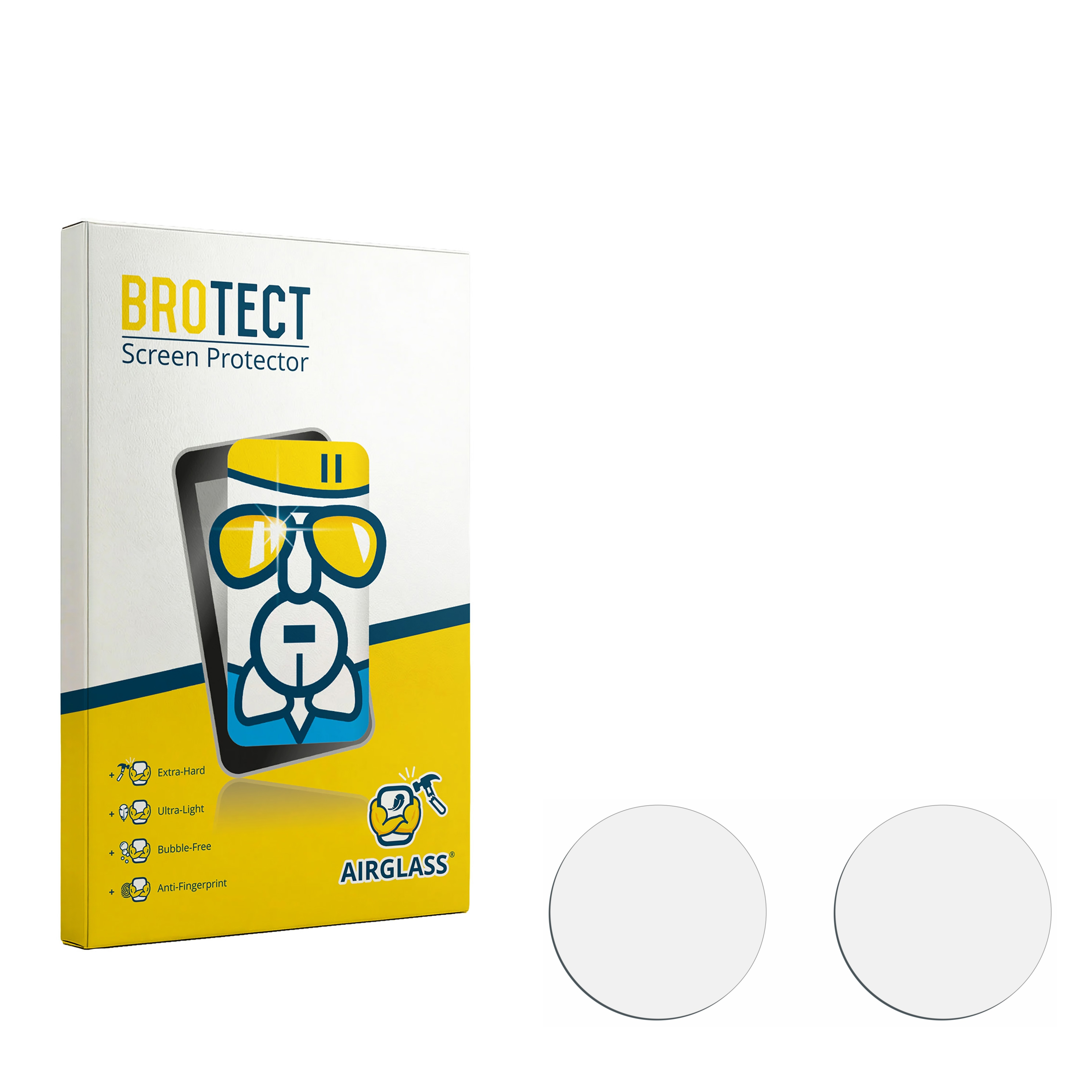 Packung BROTECT Displayschutzfolie mit zwei runden Schutzfolien daneben.
