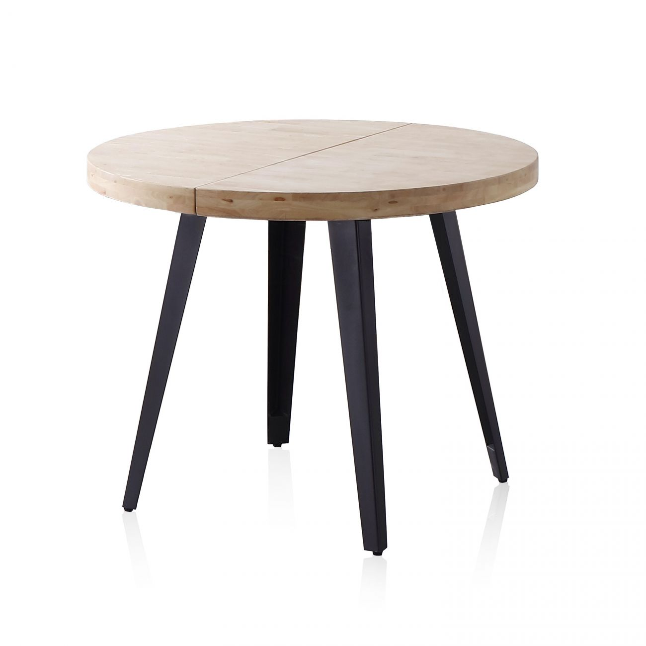 Mesa redonda de madera con patas metálicas negras sobre fondo blanco.