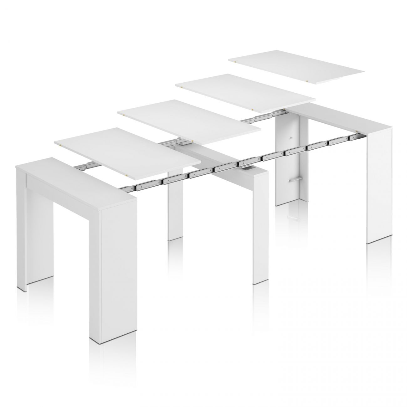Una mesa extensible blanca con extensiones extraíbles y rieles metálicos.
