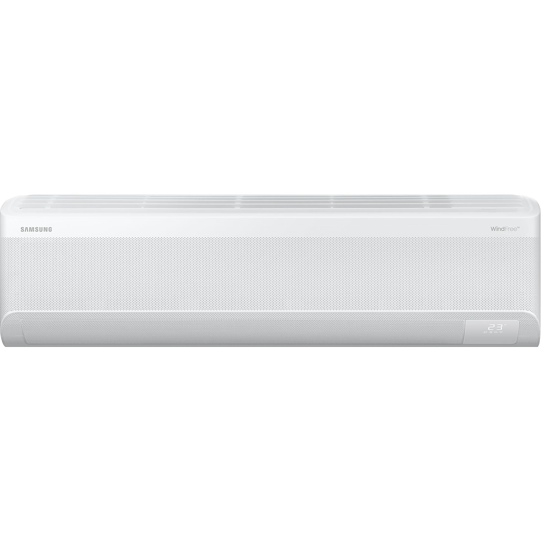 Dijital göstergeli beyaz bir Samsung WindFree klima iç ünitesi.