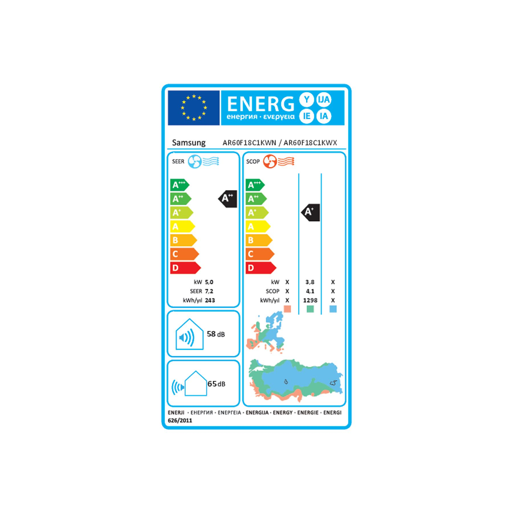 Samsung klima enerji etiketi SEER/SCOP derecelendirmeleri ve ses seviyeleri gösteriliyor.
